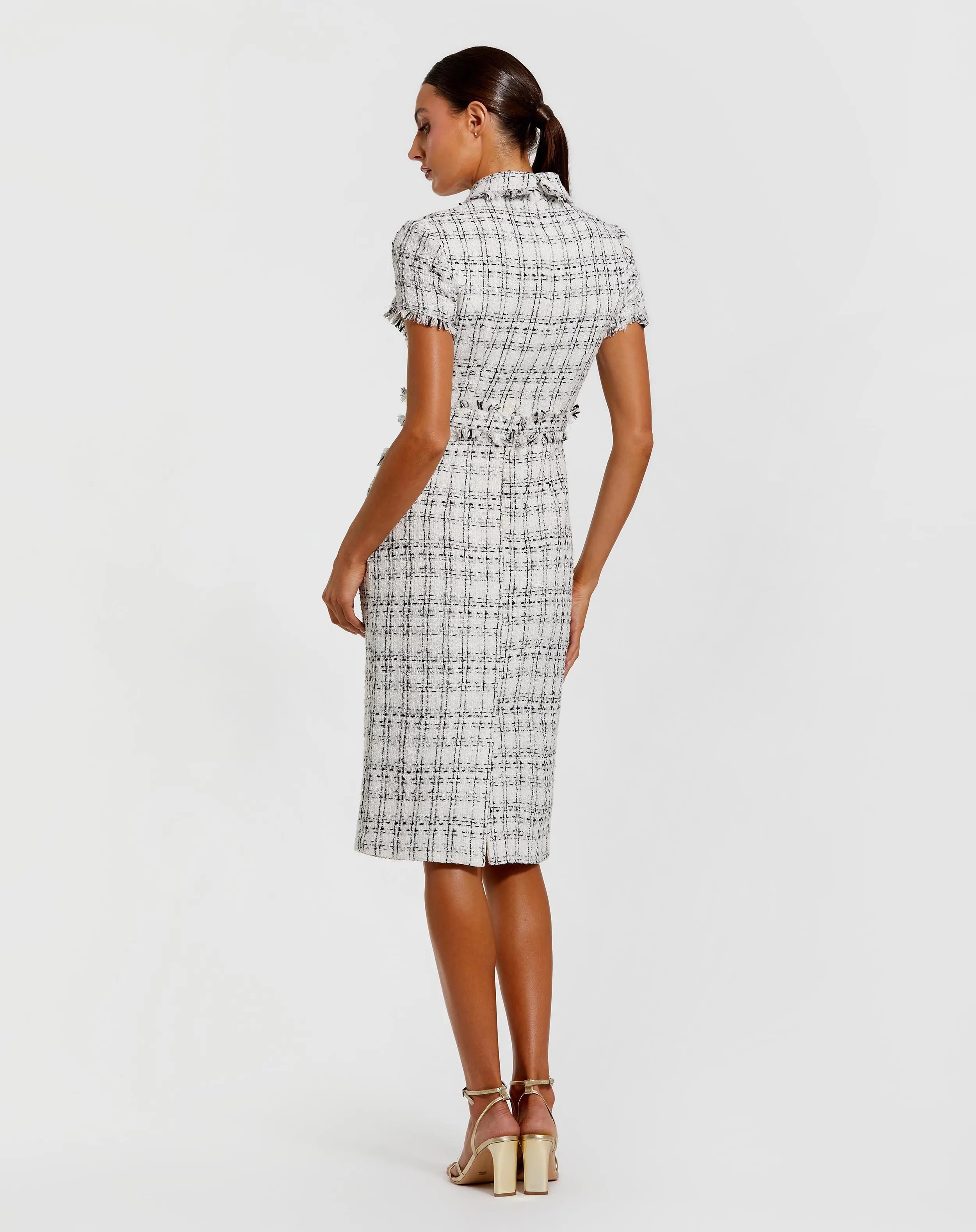 White Fitted Boucle Short Sleeve Button Up Midi Dress-Myartka
