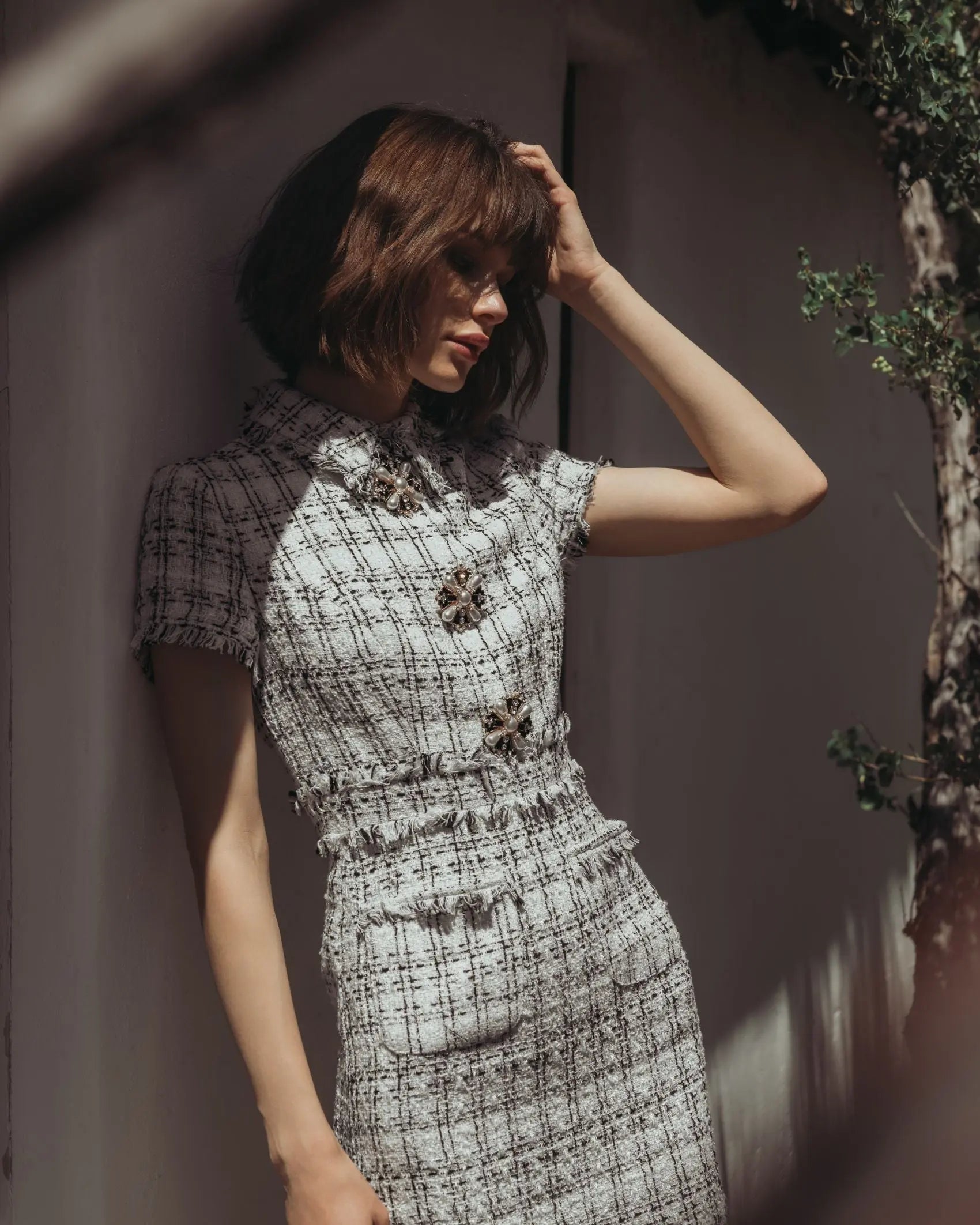 White Fitted Boucle Short Sleeve Button Up Midi Dress-Myartka