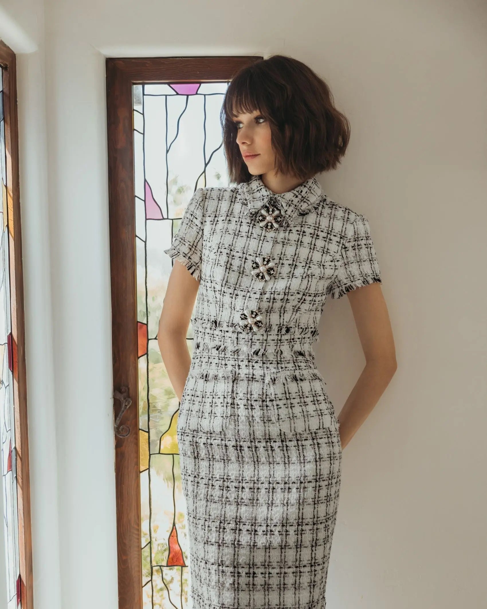 White Fitted Boucle Short Sleeve Button Up Midi Dress-Myartka