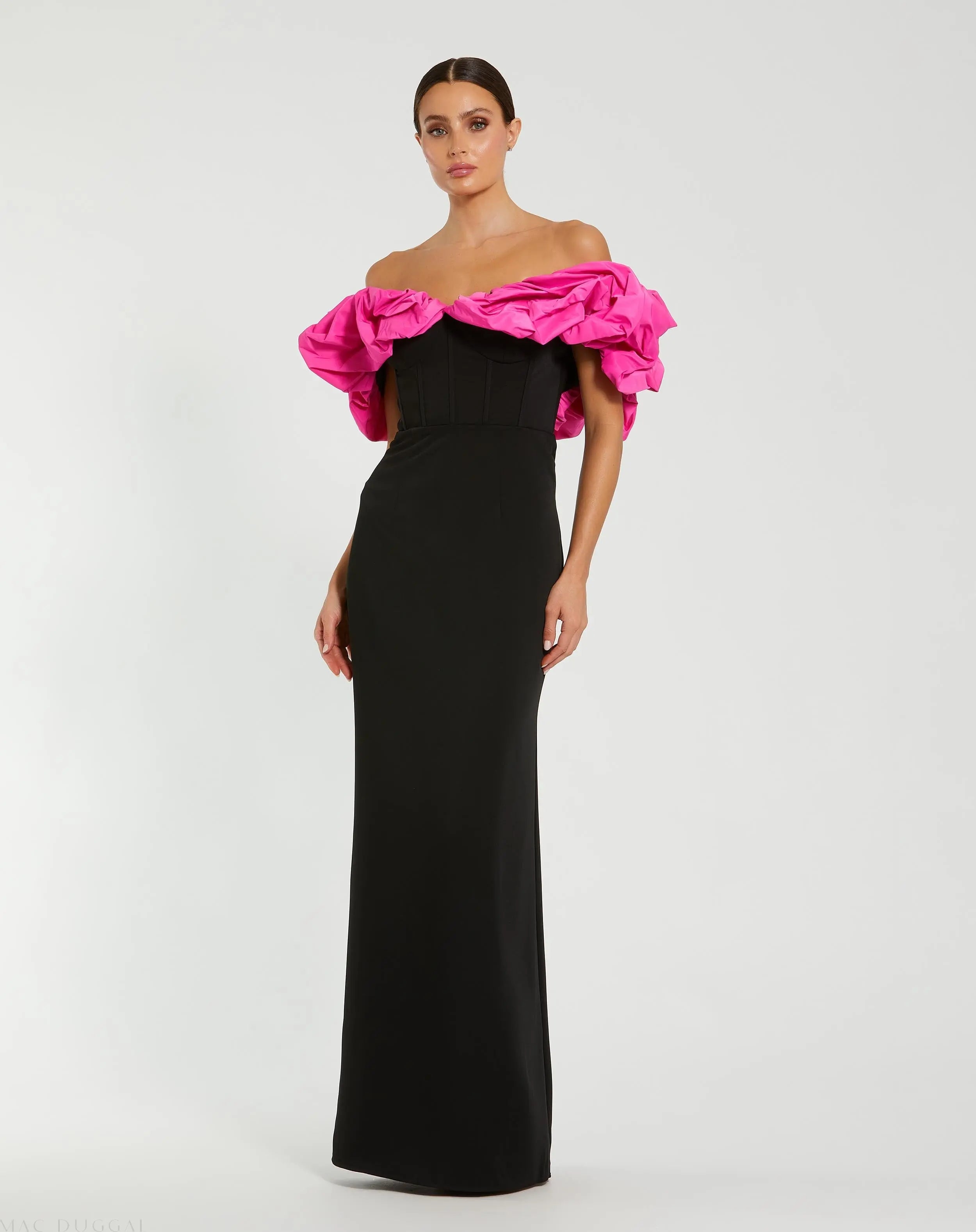 Black Crepe & Faille Off The Shoulder Gown-Myartka