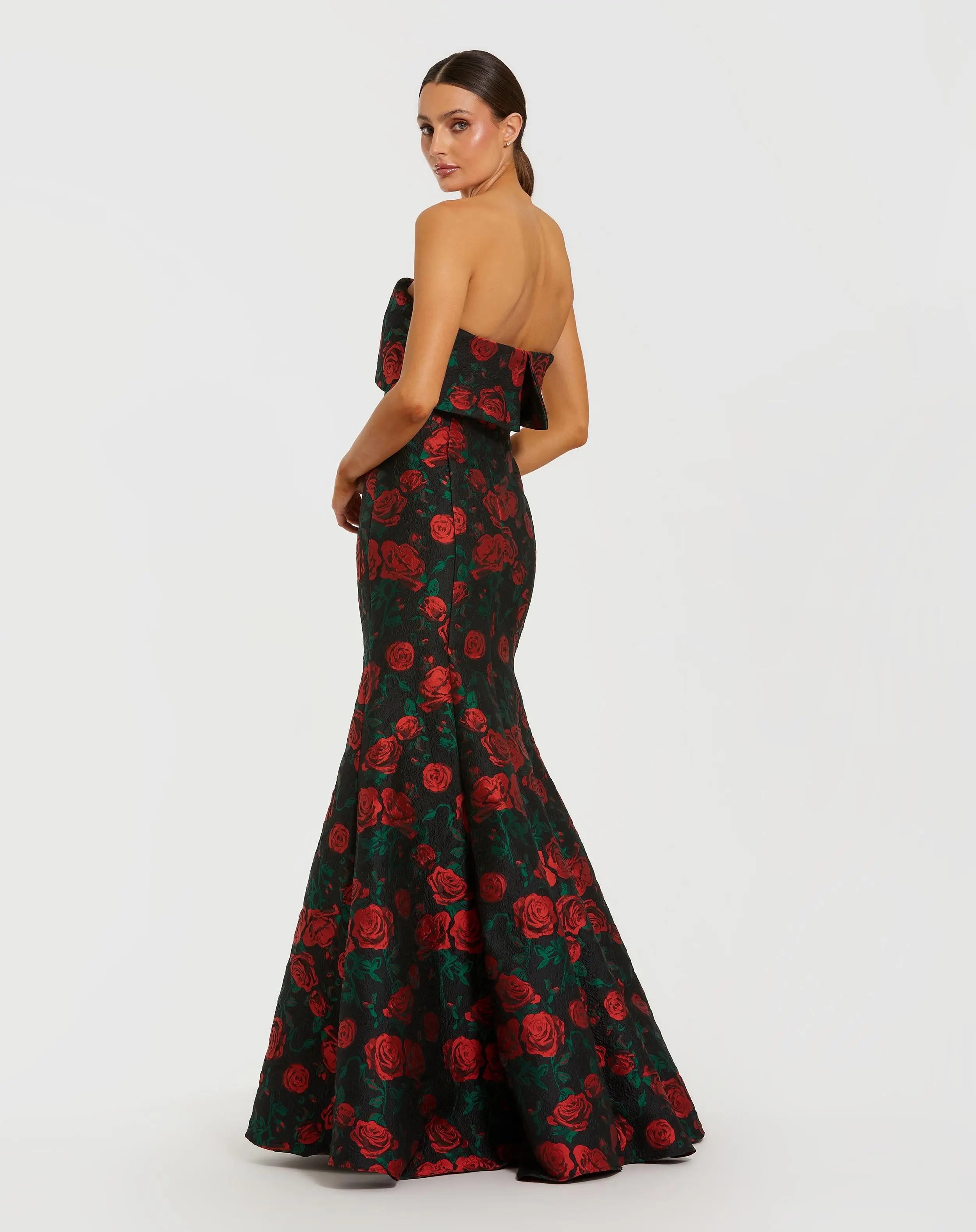 Black Strapless Floral Brocade Mermaid Gown-Myartka