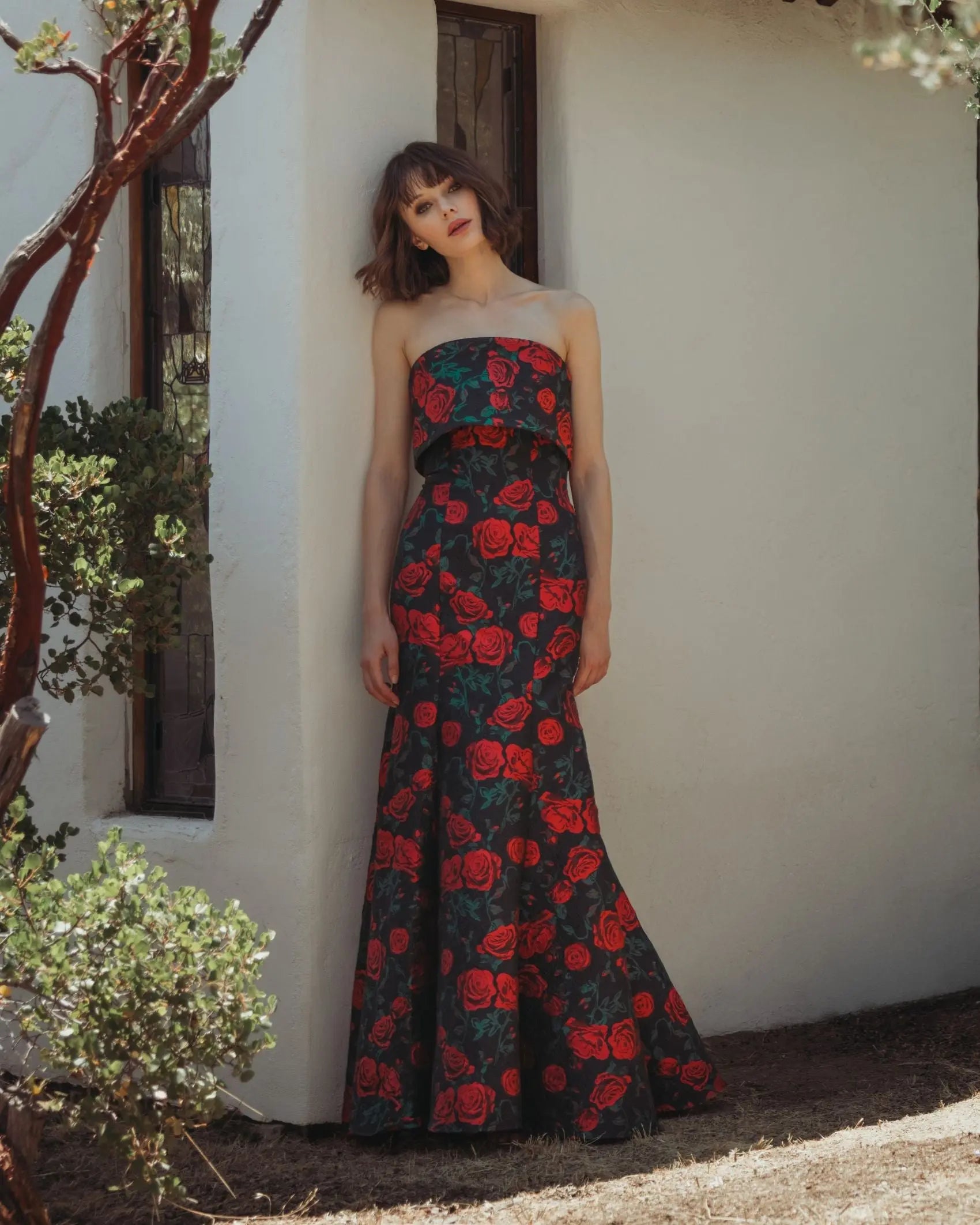 Black Strapless Floral Brocade Mermaid Gown-Myartka