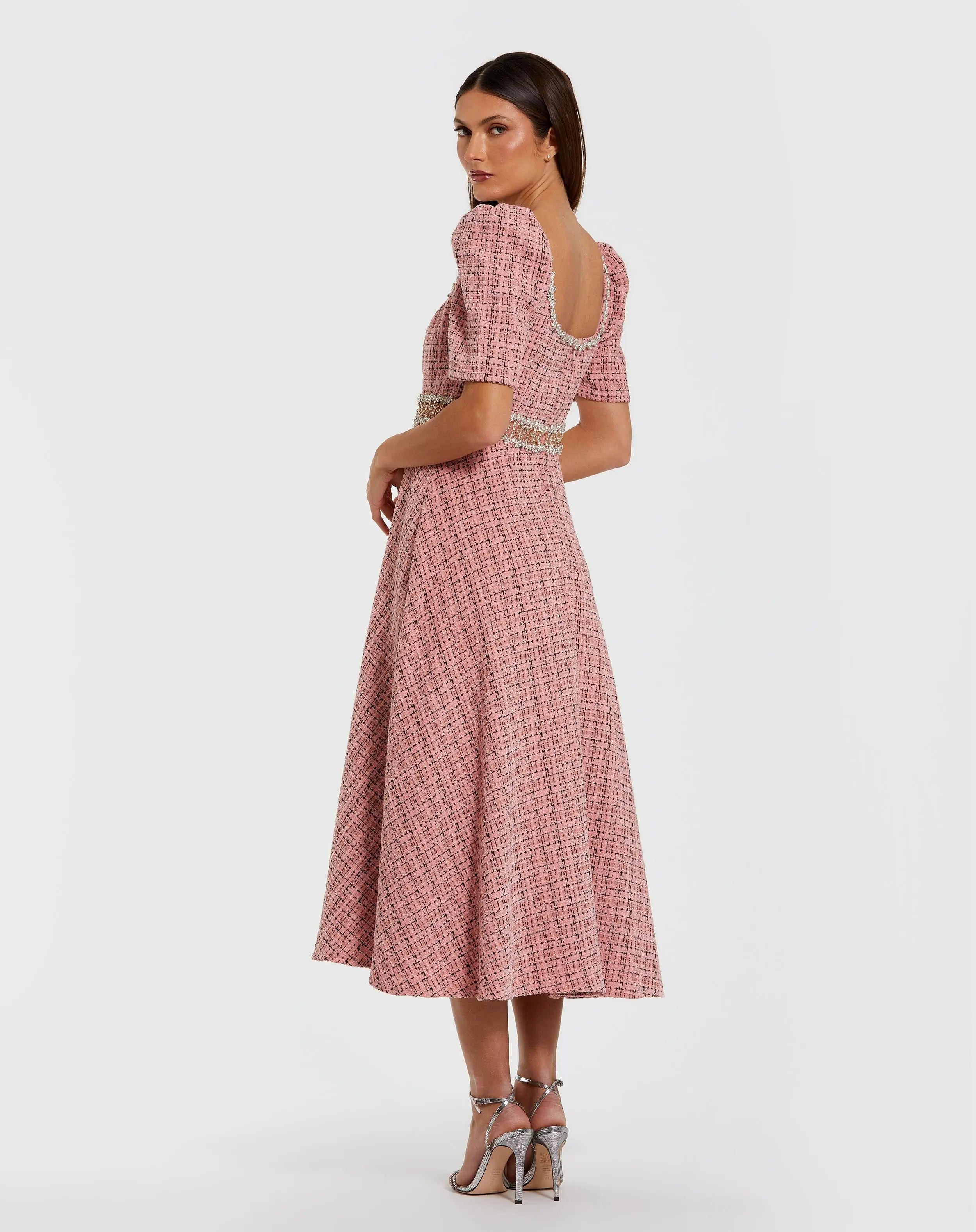 Pink Puff Sleeve Boucle Midi Dress With Beaded Belt-Myartka