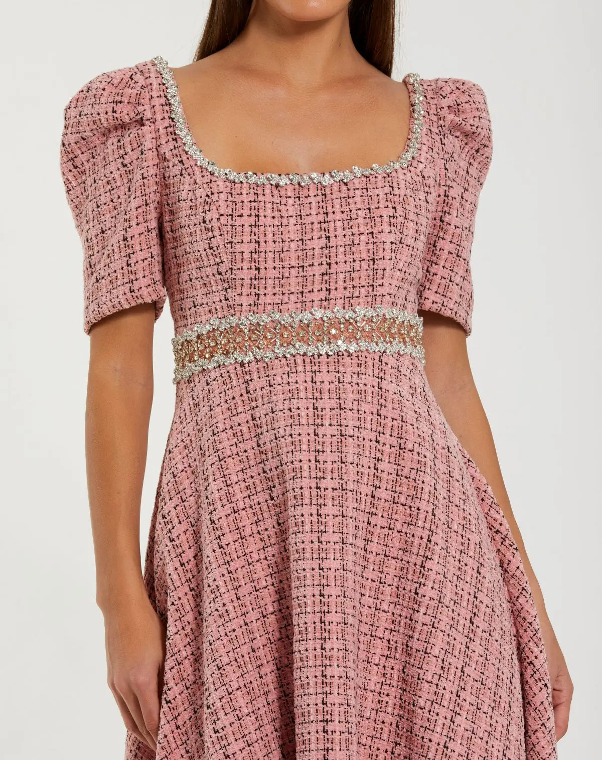 Pink Puff Sleeve Boucle Midi Dress With Beaded Belt-Myartka