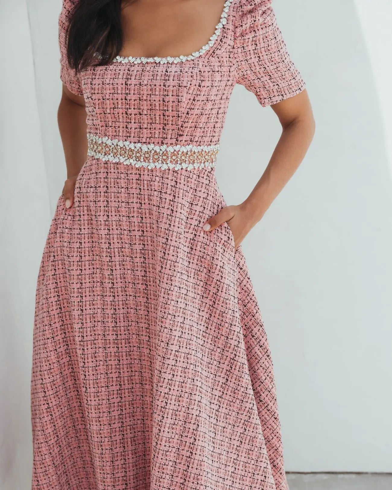 Pink Puff Sleeve Boucle Midi Dress With Beaded Belt-Myartka