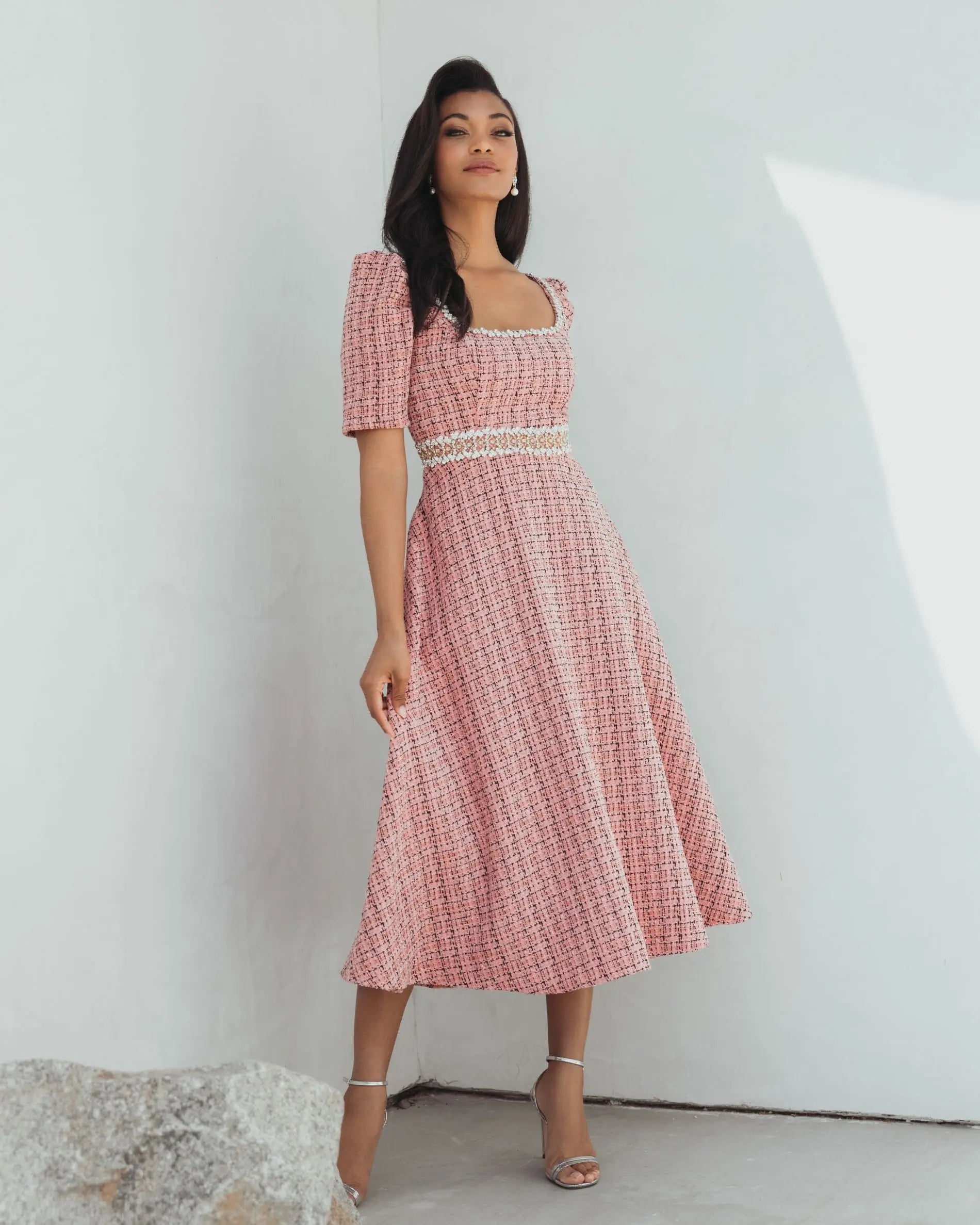 Pink Puff Sleeve Boucle Midi Dress With Beaded Belt-Myartka