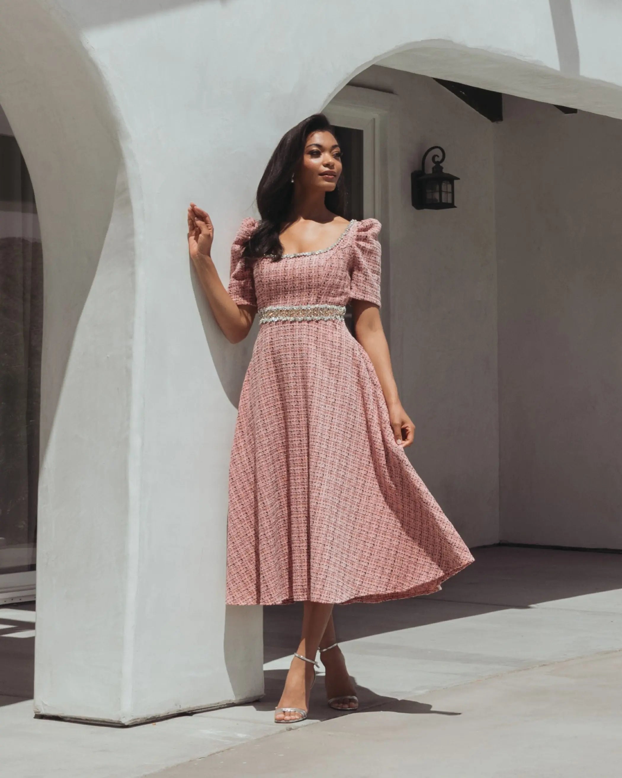 Pink Puff Sleeve Boucle Midi Dress With Beaded Belt-Myartka