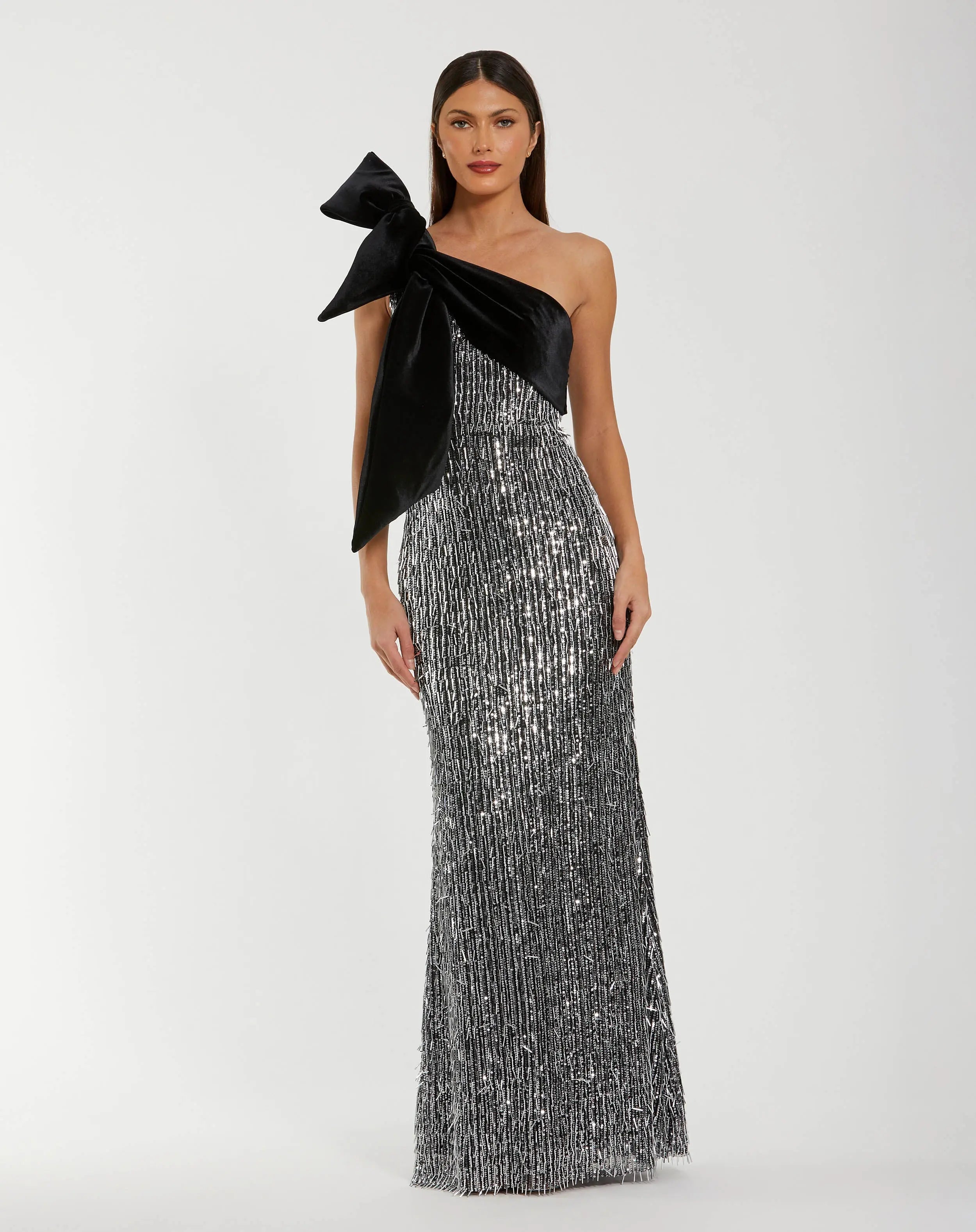 Black and Silver One Shoulder Embellished Gown With Velvet Bow-Myartka