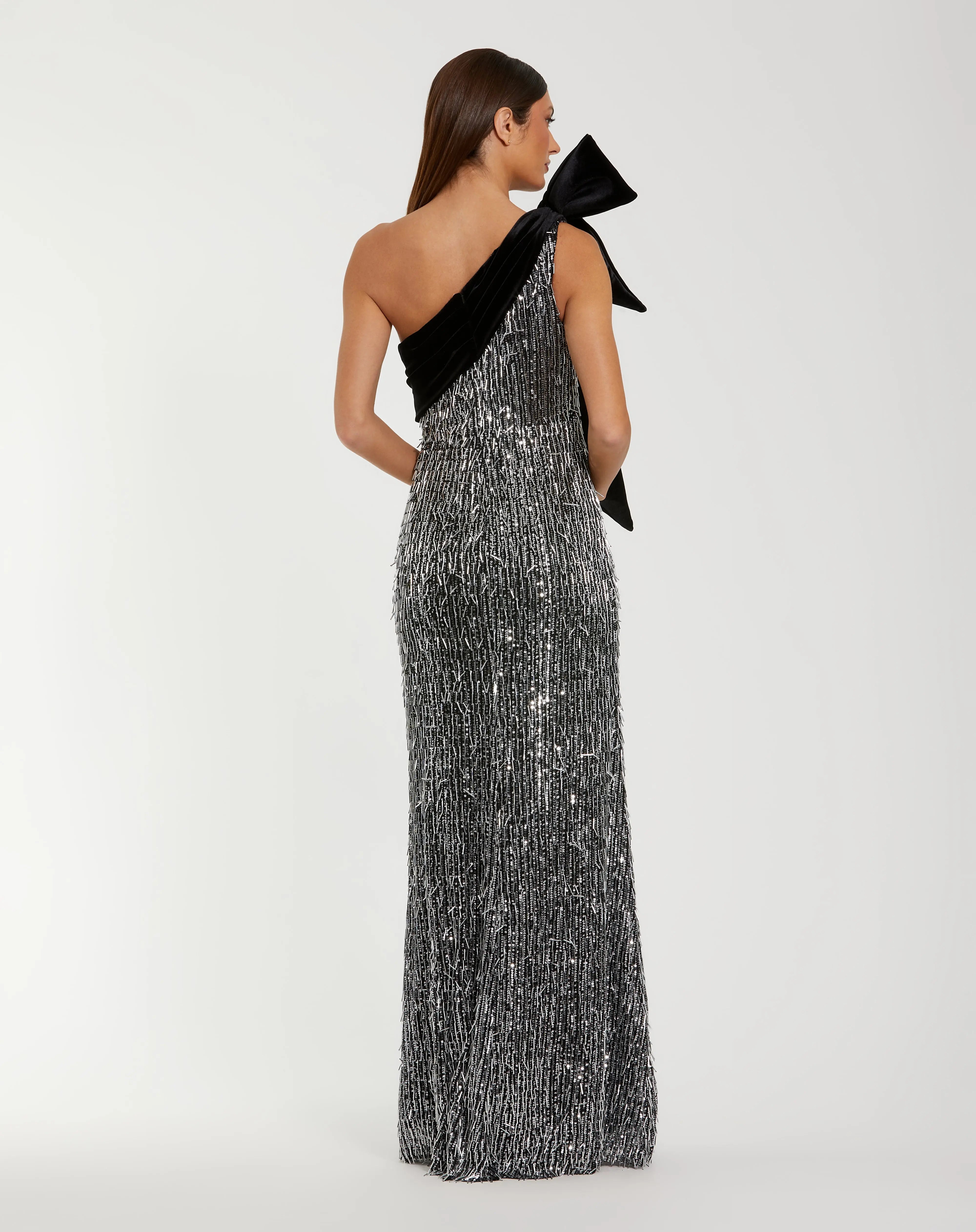 Black and Silver One Shoulder Embellished Gown With Velvet Bow-Myartka