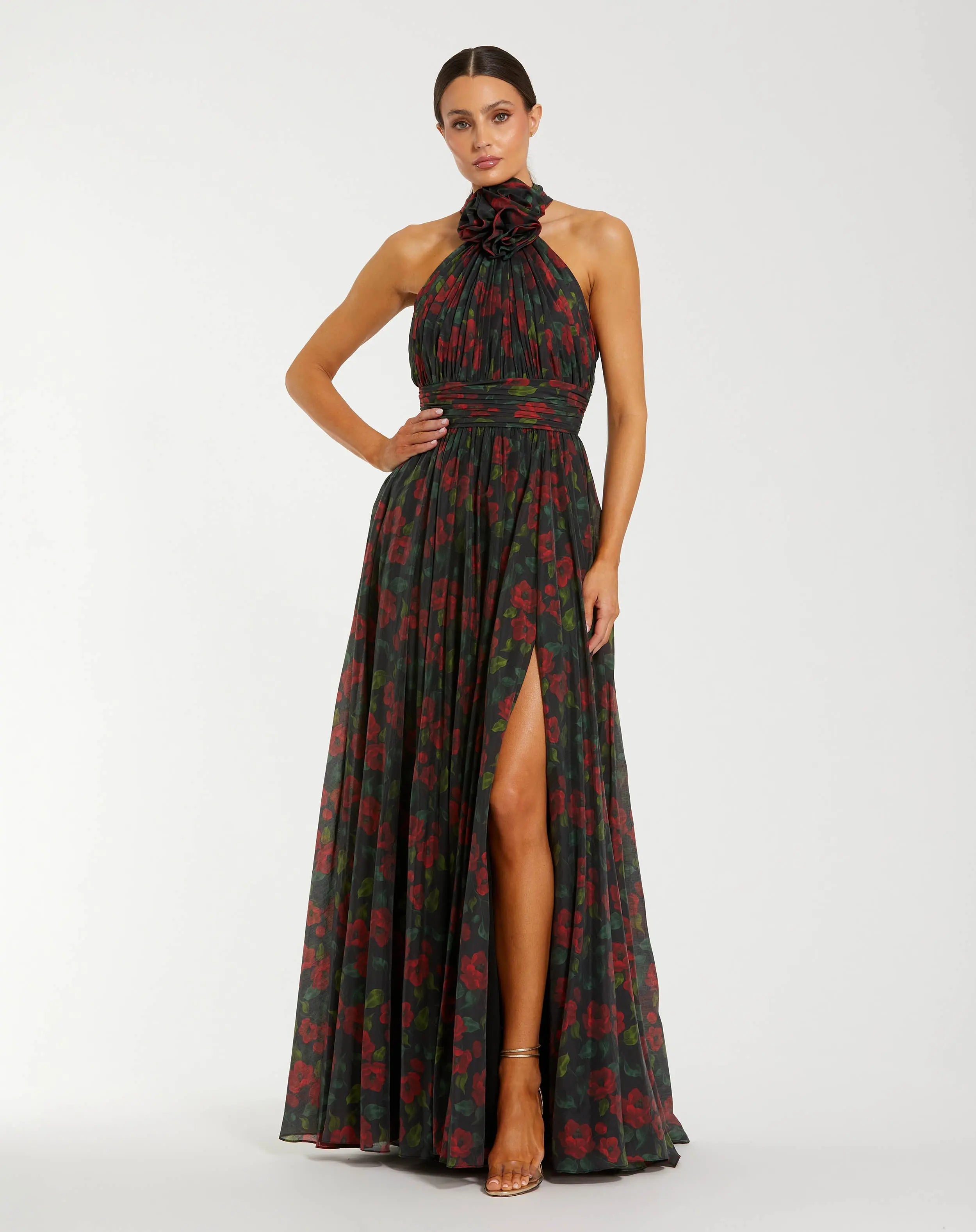 Black Floral Print Halter Neck Gown with Rosette-Myartka
