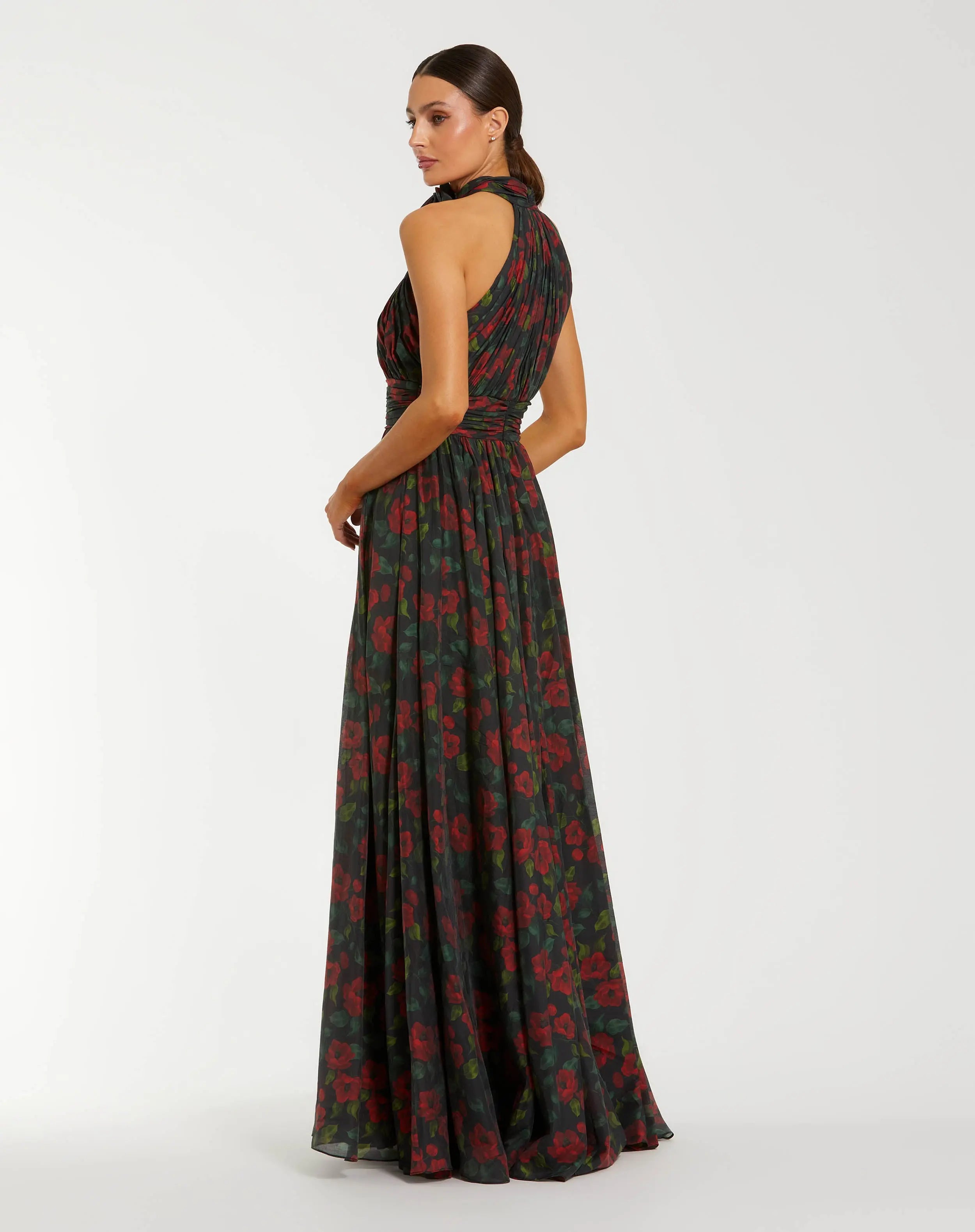 Black Floral Print Halter Neck Gown with Rosette-Myartka