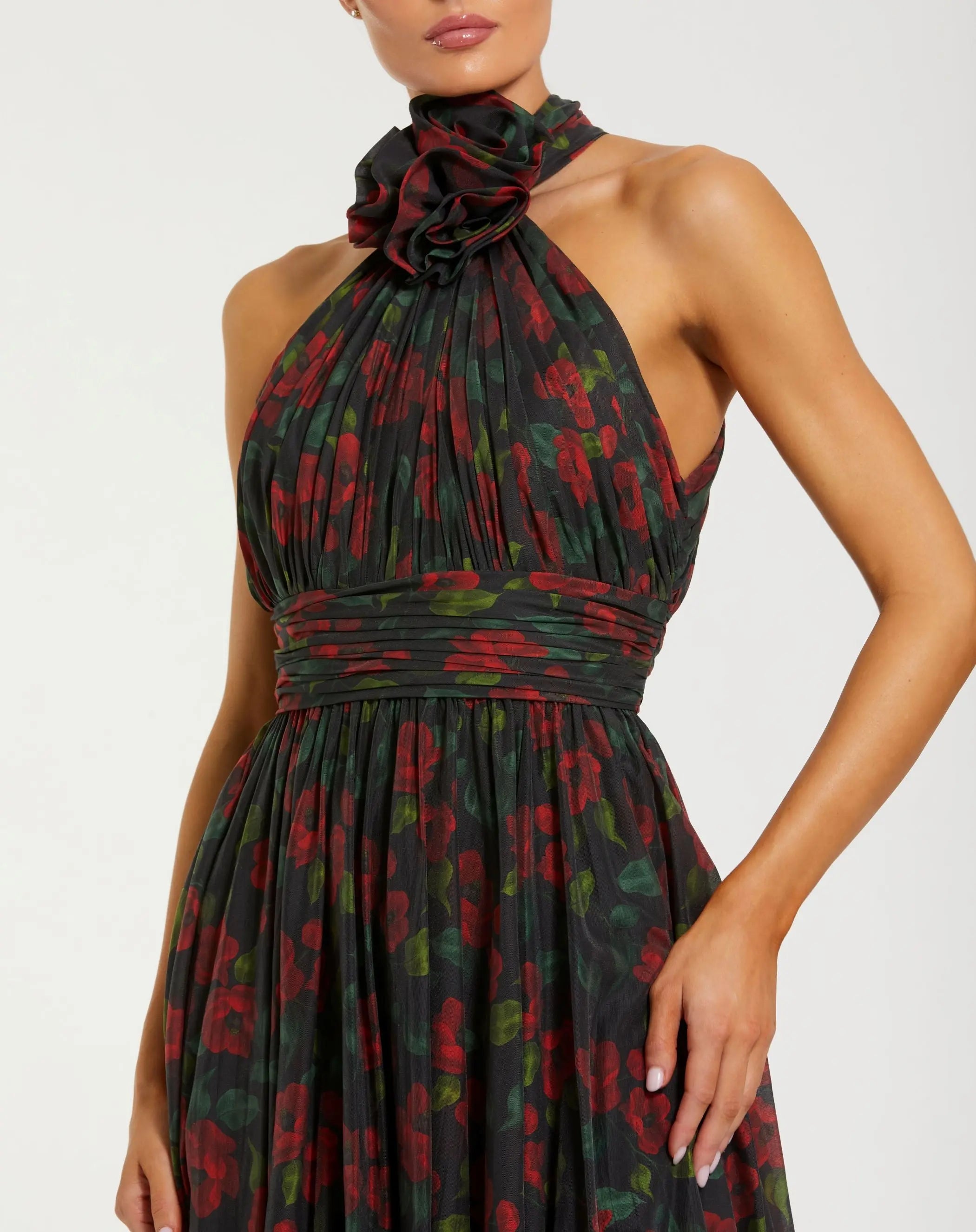 Black Floral Print Halter Neck Gown with Rosette-Myartka