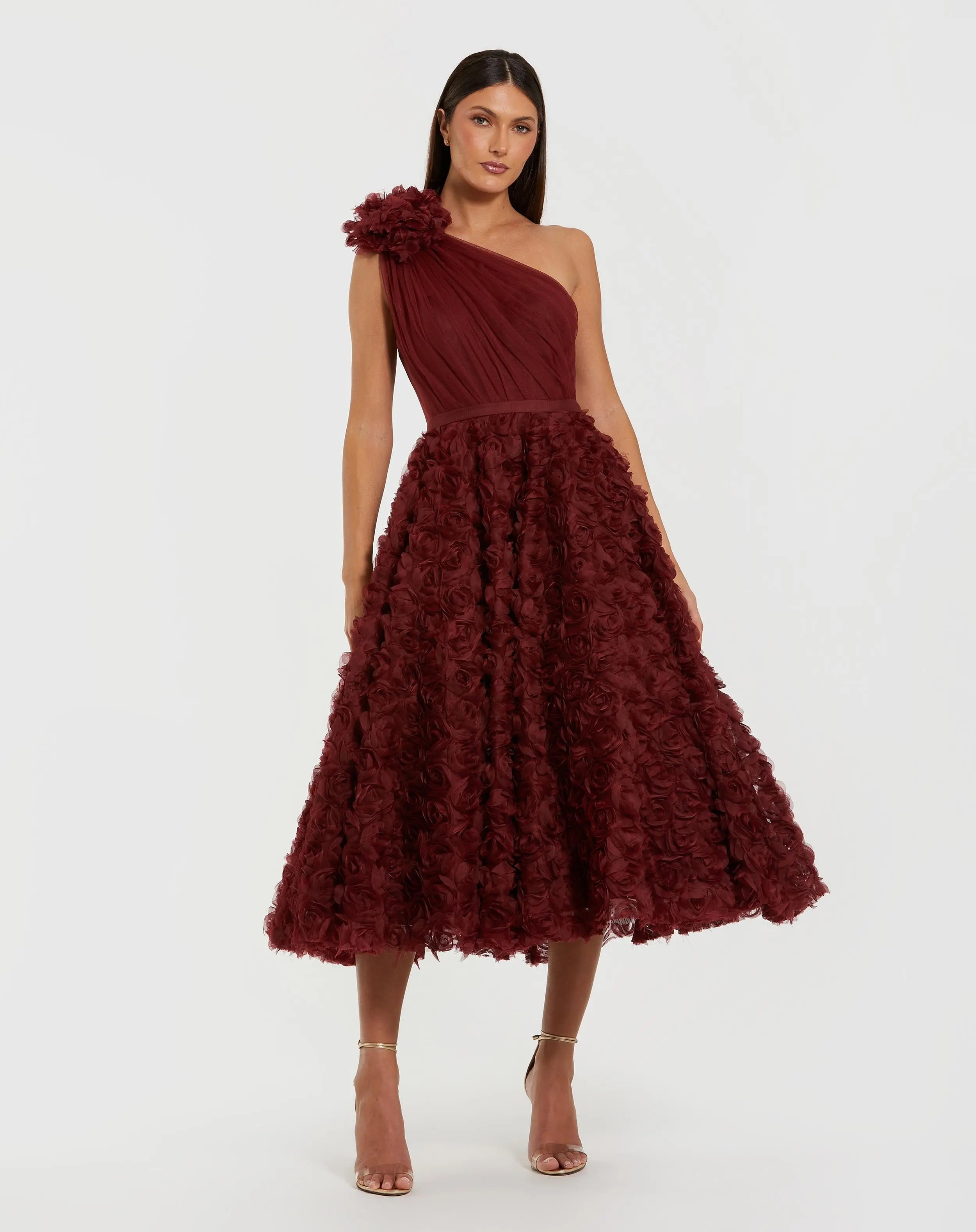 Red One Shoulder 3D Floral Rosette Midi Dress-Myartka