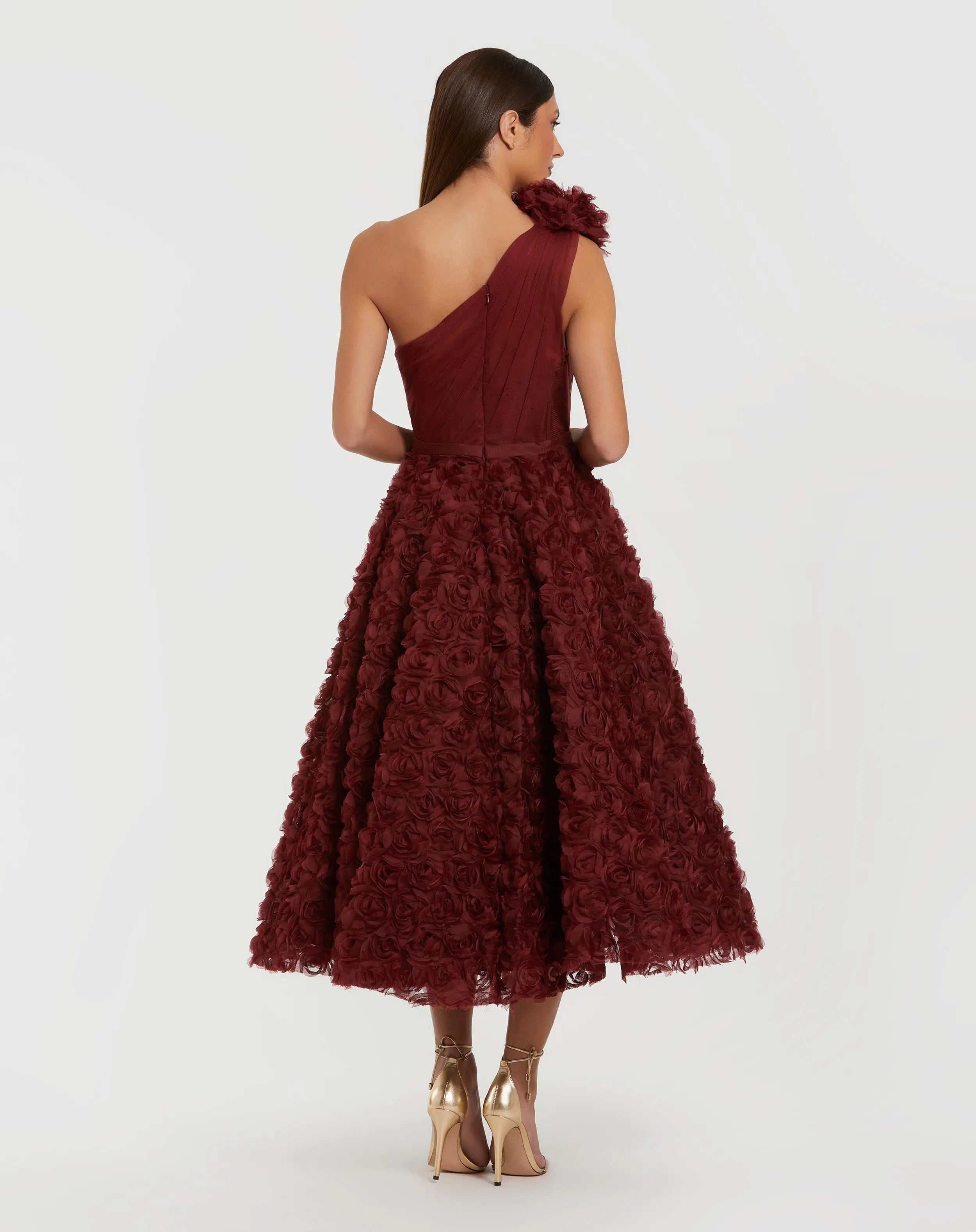 Red One Shoulder 3D Floral Rosette Midi Dress-Myartka