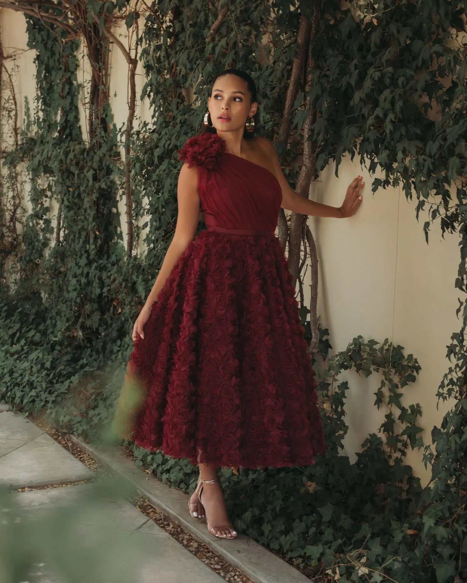 Red One Shoulder 3D Floral Rosette Midi Dress-Myartka