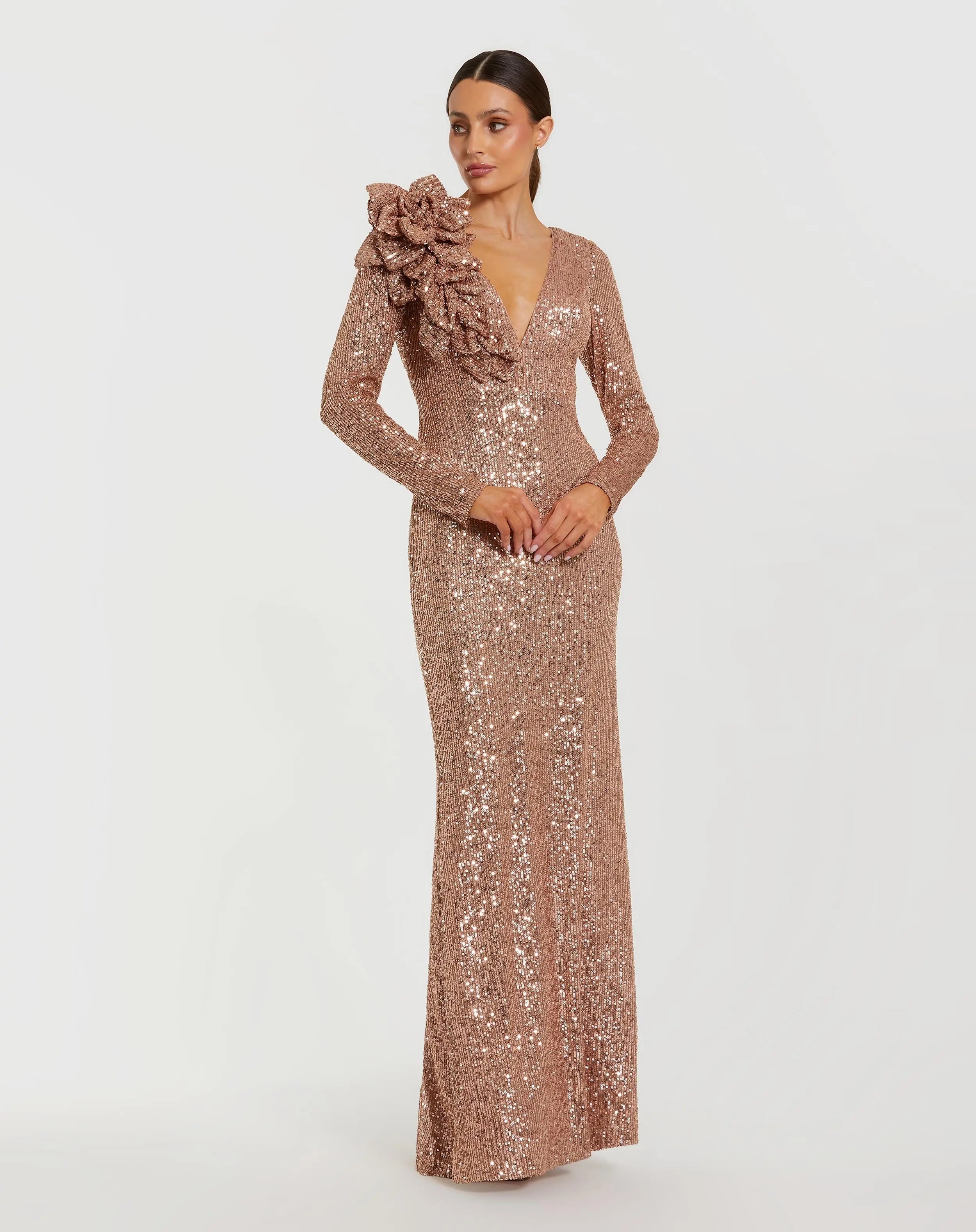 Light Pink Long Sleeve V Neck Sequin Gown With 3D Flower-Myartka