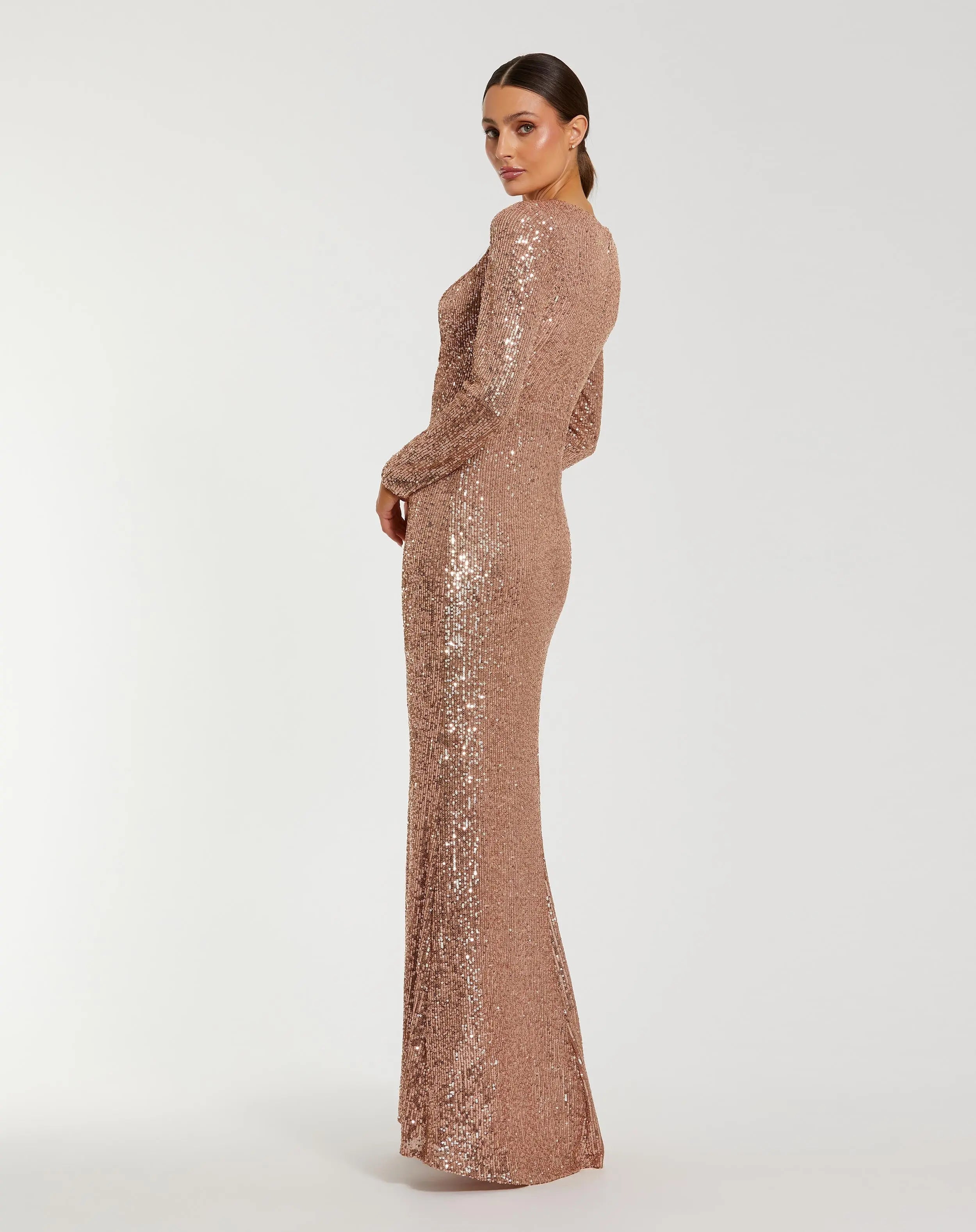 Light Pink Long Sleeve V Neck Sequin Gown With 3D Flower-Myartka