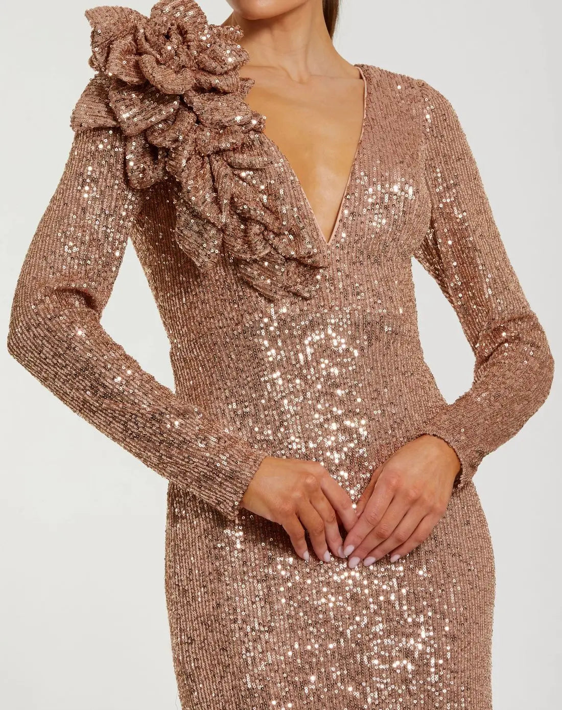 Light Pink Long Sleeve V Neck Sequin Gown With 3D Flower-Myartka