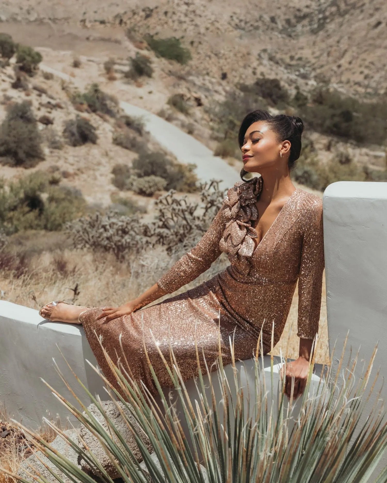 Light Pink Long Sleeve V Neck Sequin Gown With 3D Flower-Myartka