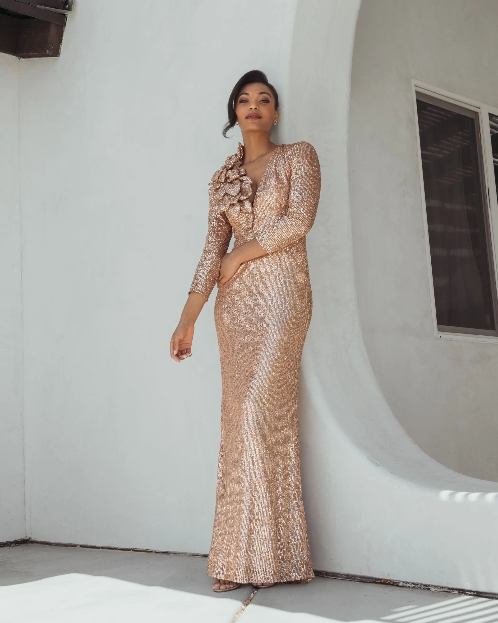 Light Pink Long Sleeve V Neck Sequin Gown With 3D Flower-Myartka