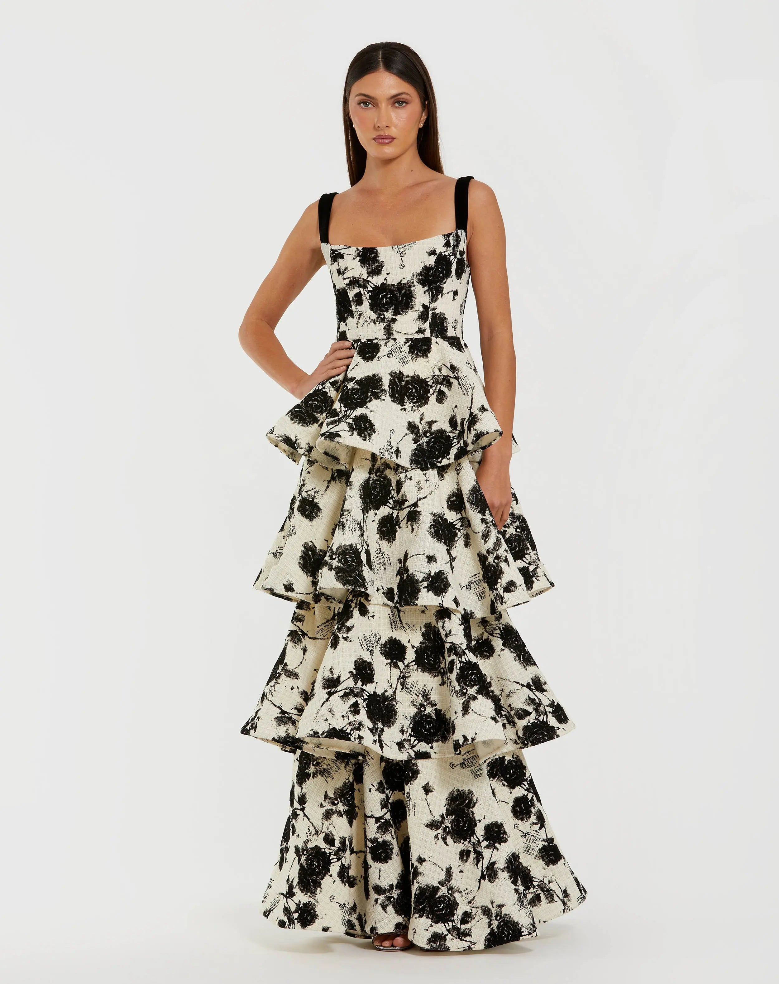 Black and White Floral Boucle Tiered Ruffle Gown-Myartka