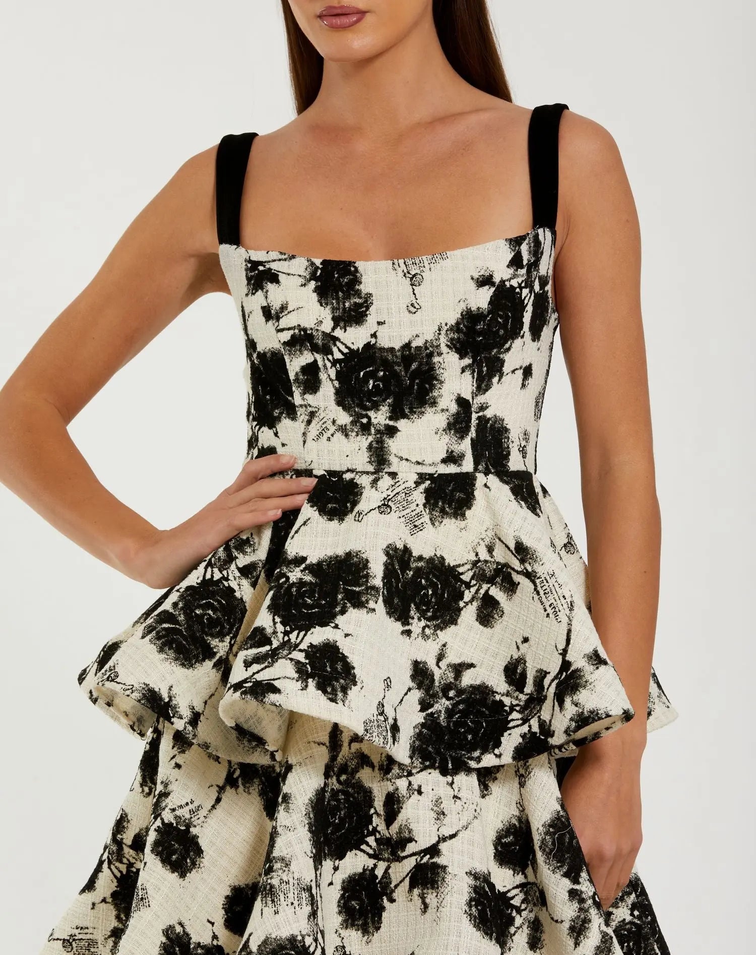 Black and White Floral Boucle Tiered Ruffle Gown-Myartka