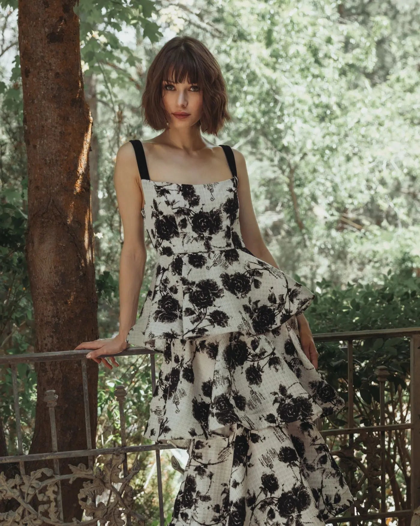 Black and White Floral Boucle Tiered Ruffle Gown-Myartka