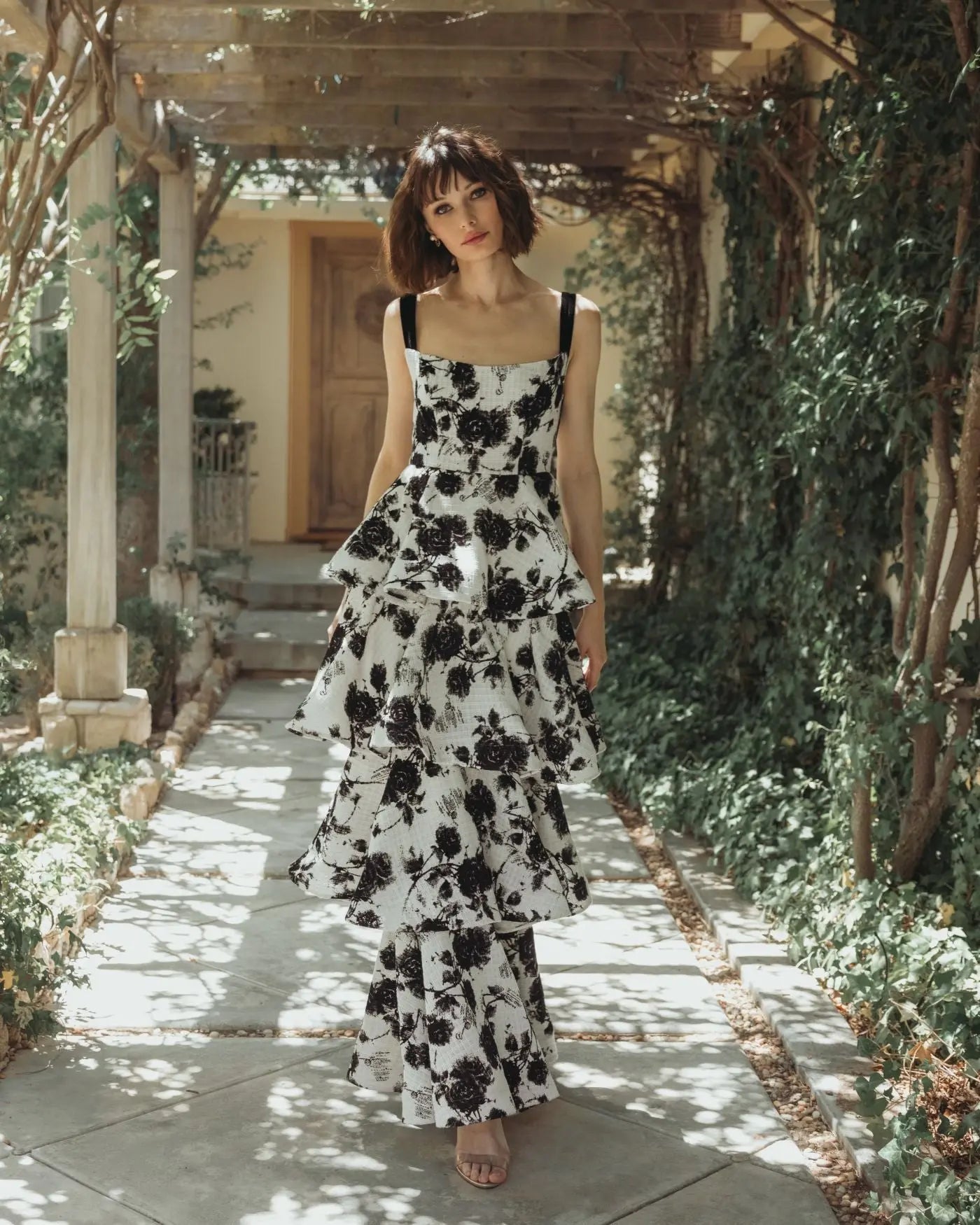 Black and White Floral Boucle Tiered Ruffle Gown-Myartka