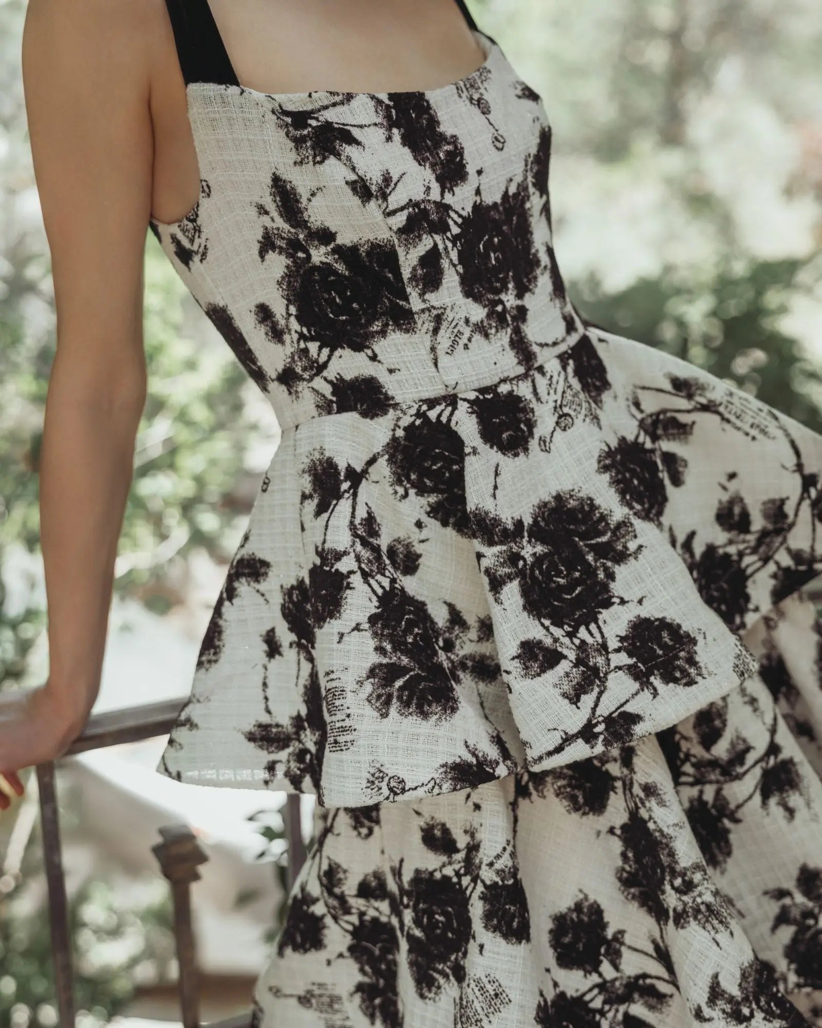 Black and White Floral Boucle Tiered Ruffle Gown-Myartka