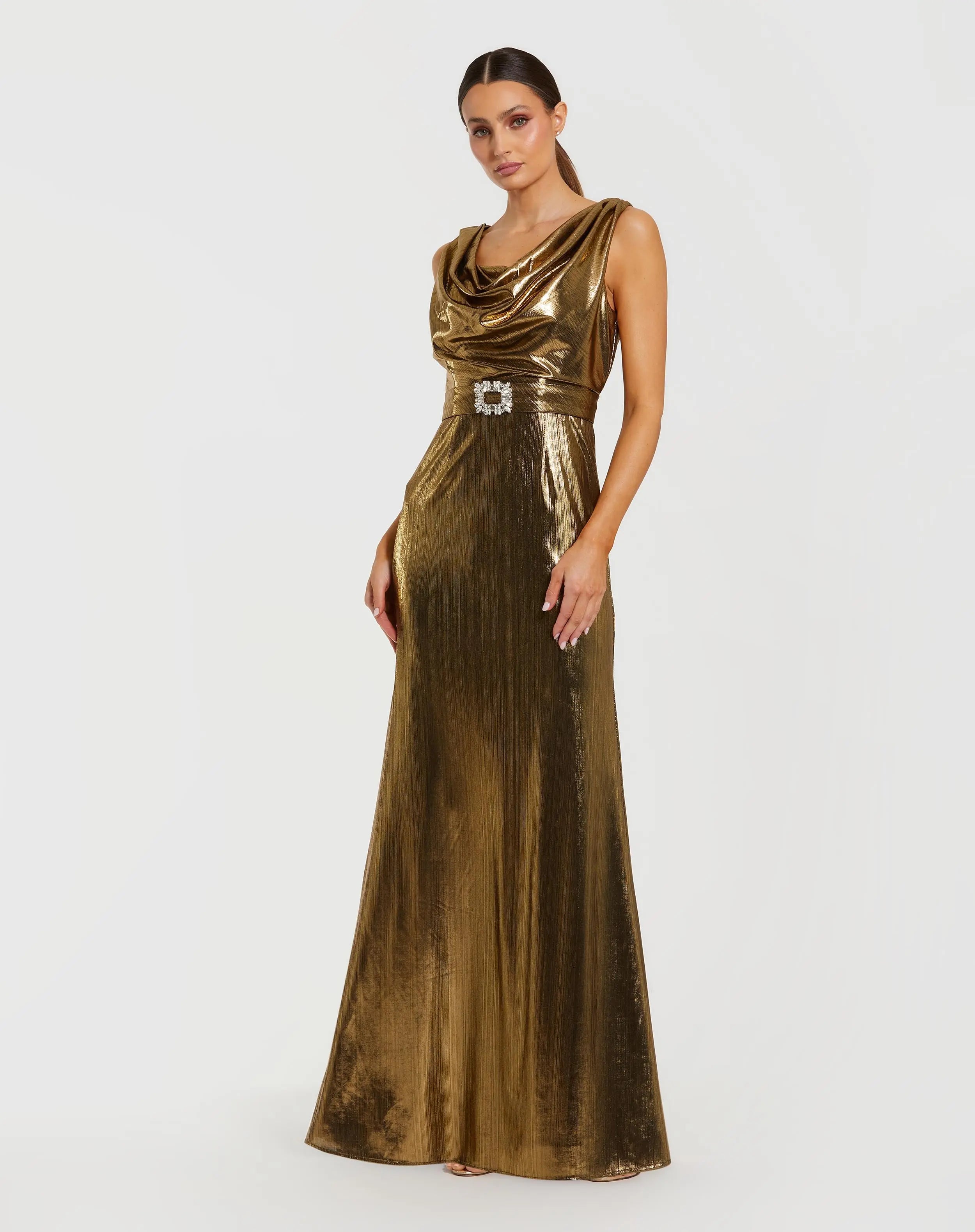 Gold Metallic Sleeveless Cowl Neck Trumpet Gown With Belt-Myartka