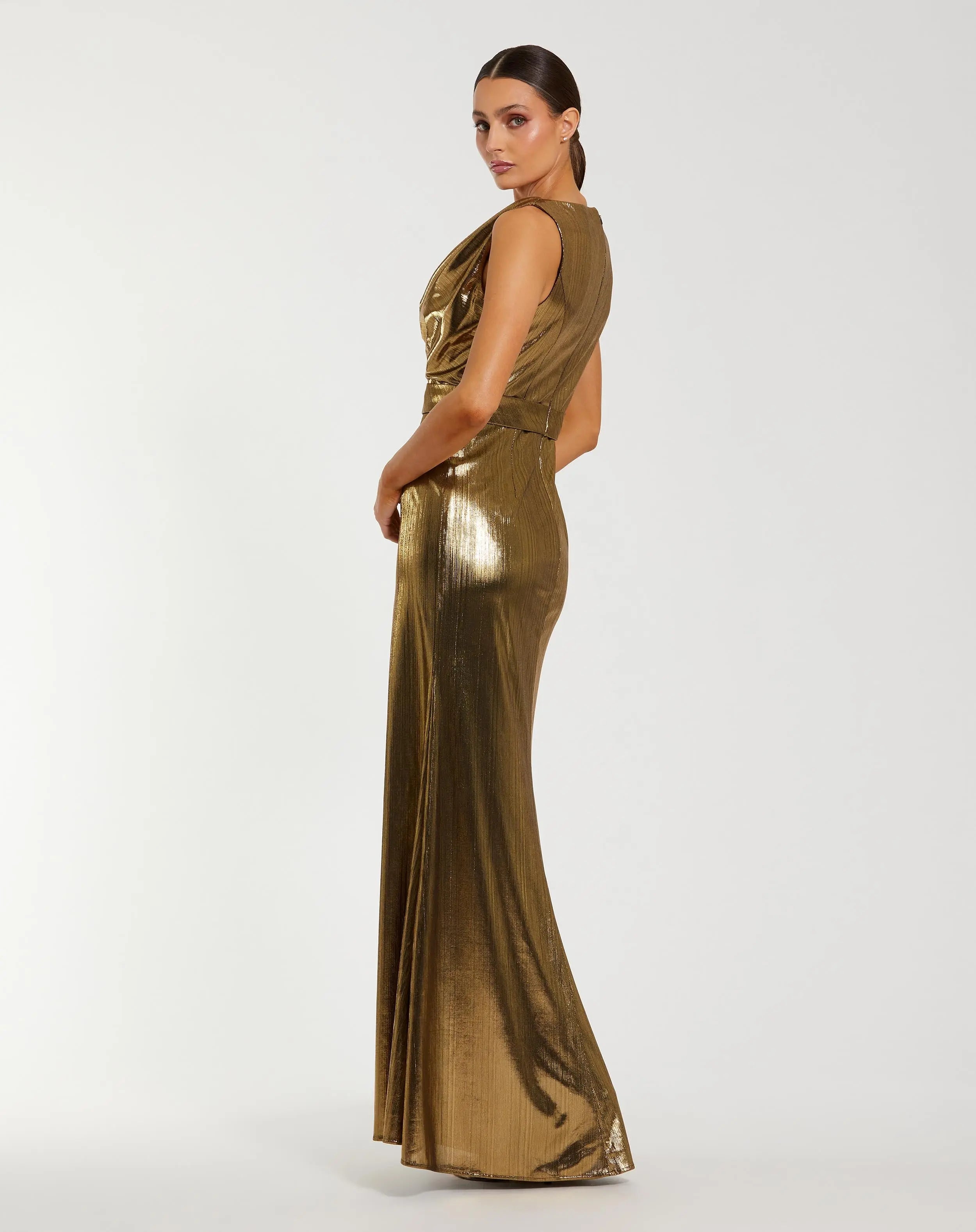 Gold Metallic Sleeveless Cowl Neck Trumpet Gown With Belt-Myartka