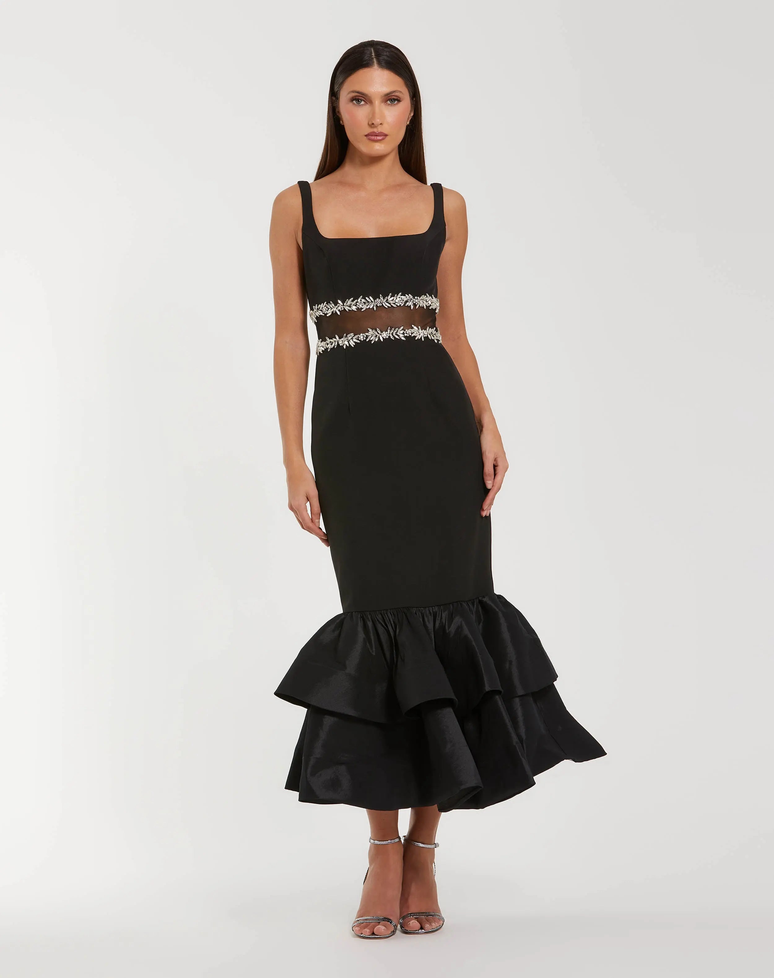 Black Crepe Ruffle Hem Midi Dress With Jewel Detail-Myartka