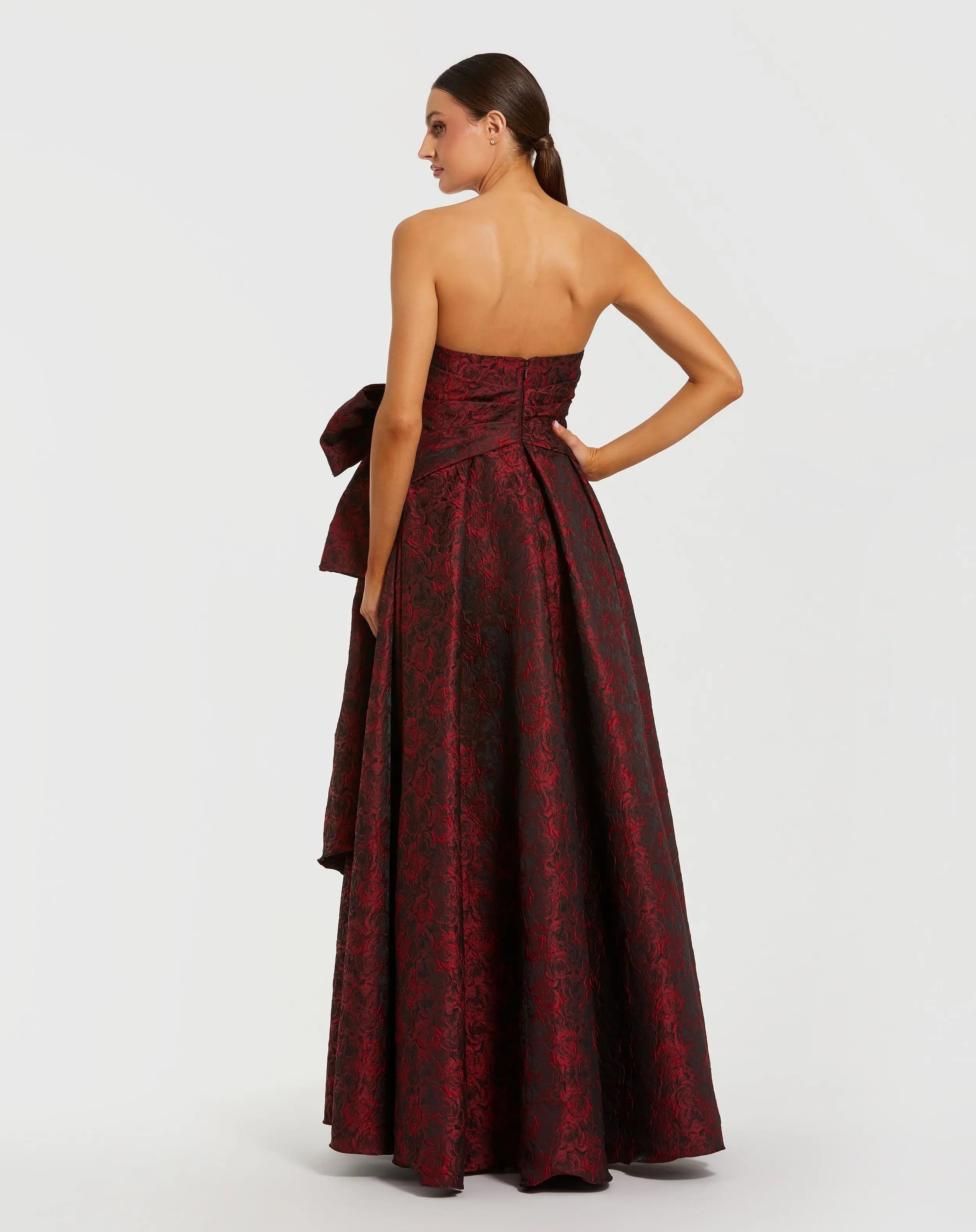 Red Strapless Brocade Gown With Bow Detail-Myartka