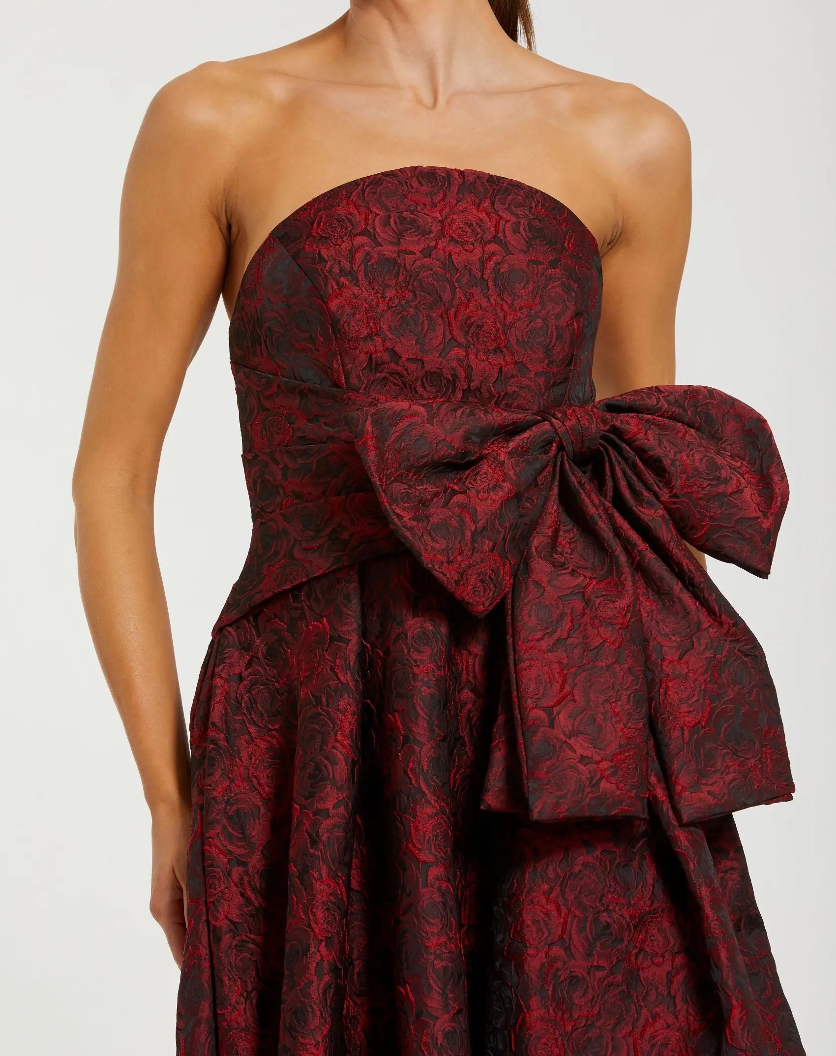 Red Strapless Brocade Gown With Bow Detail-Myartka