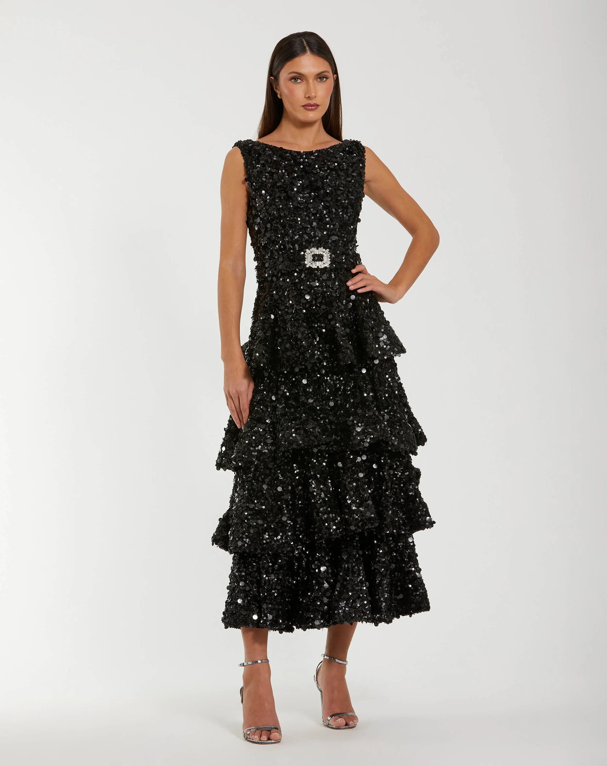 Black Sequin Ruffle Midi Dress with Belt-Myartka