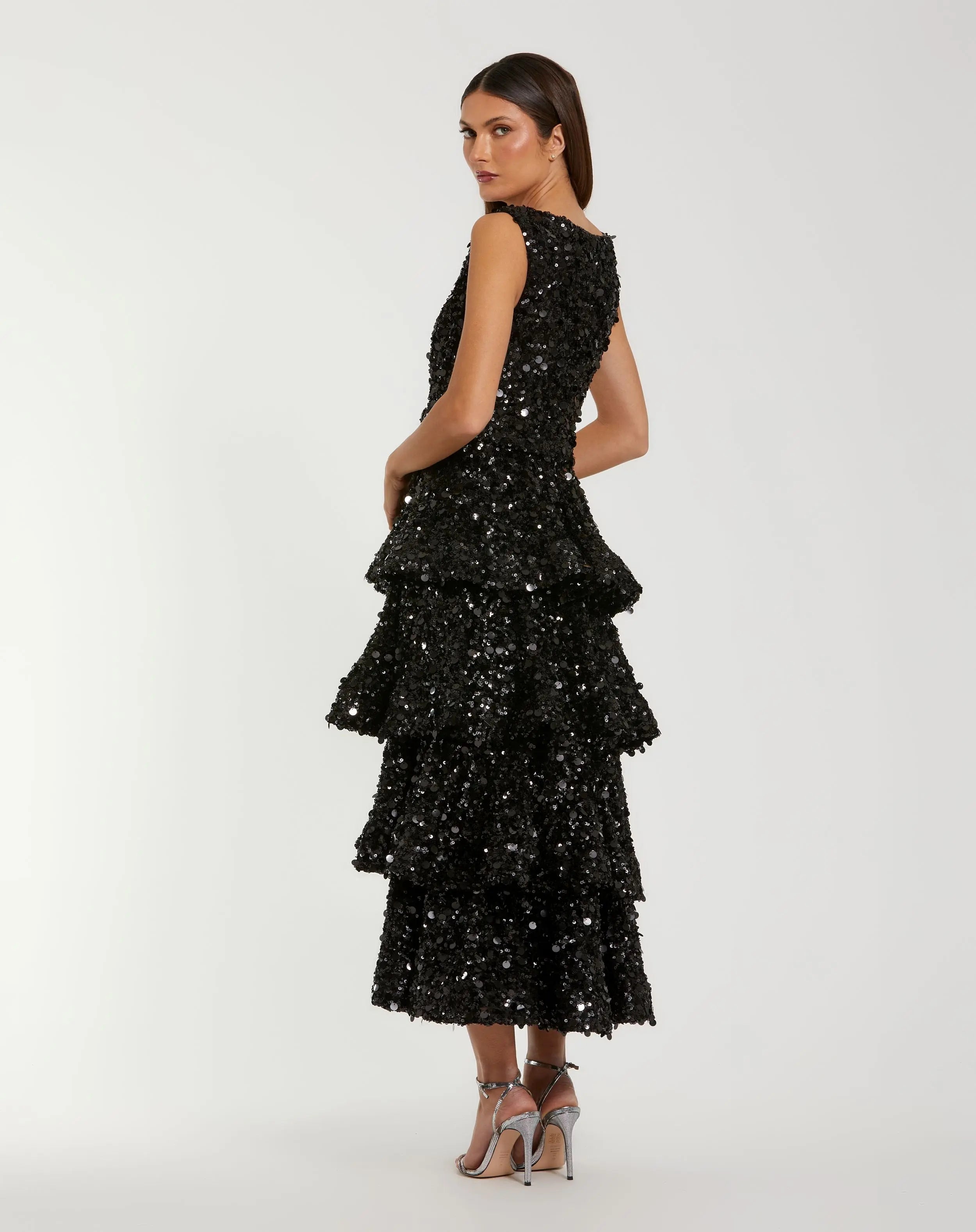Black Sequin Ruffle Midi Dress with Belt-Myartka