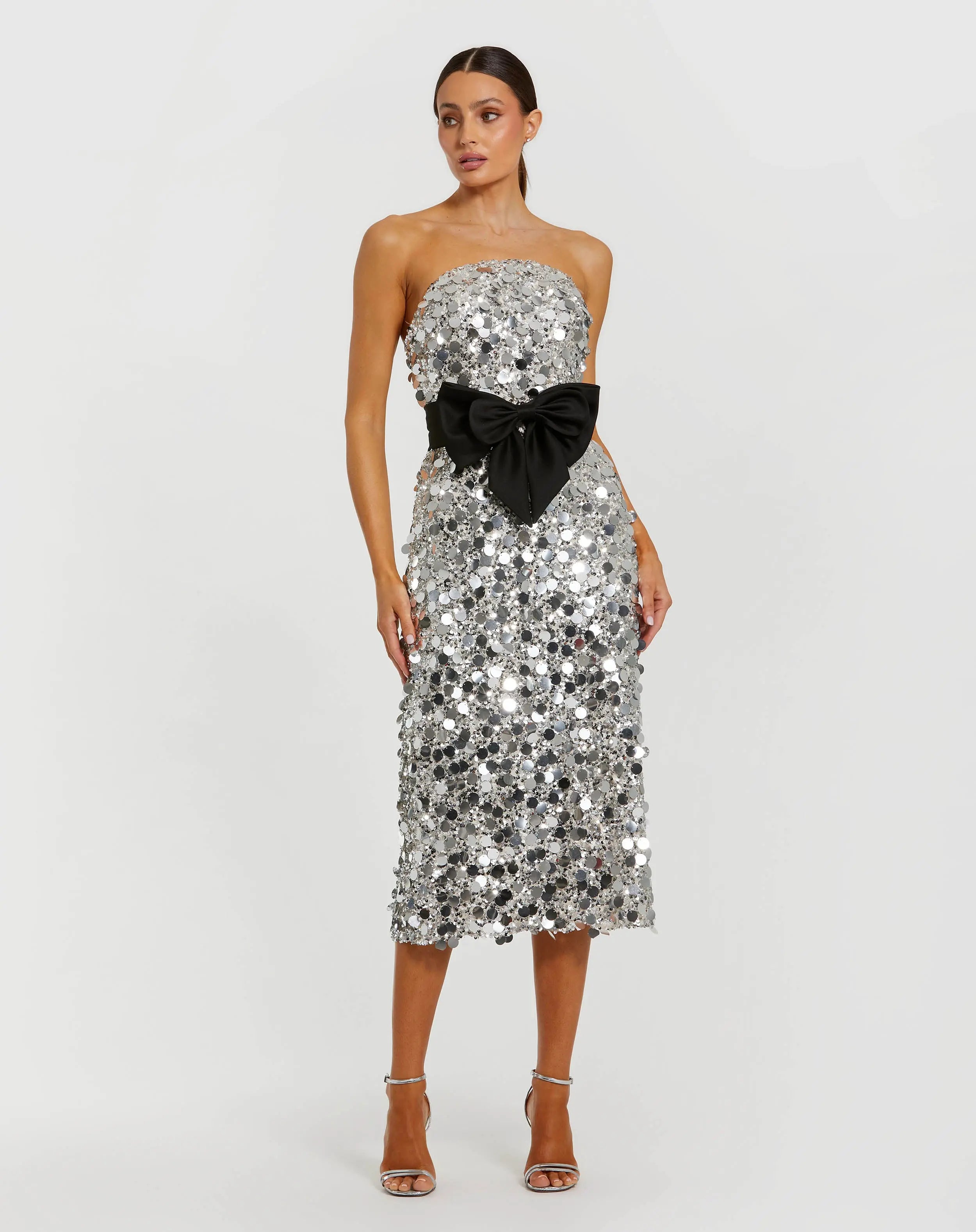 Silver Strapless Paillette Column Midi Dress With Bow-Myartka