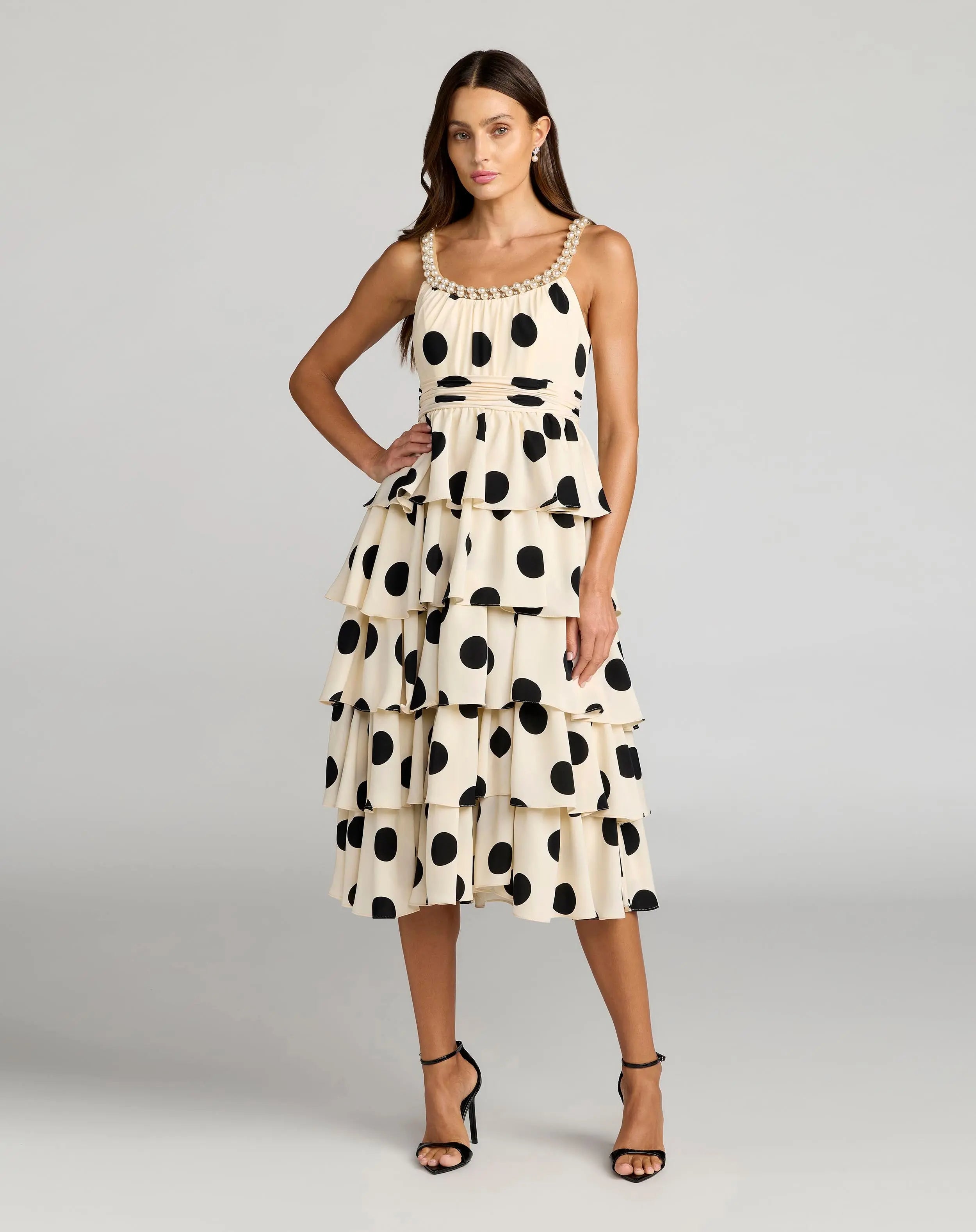 Beige Polka Dot Pearl Trim Ruffle Midi Dress-Myartka