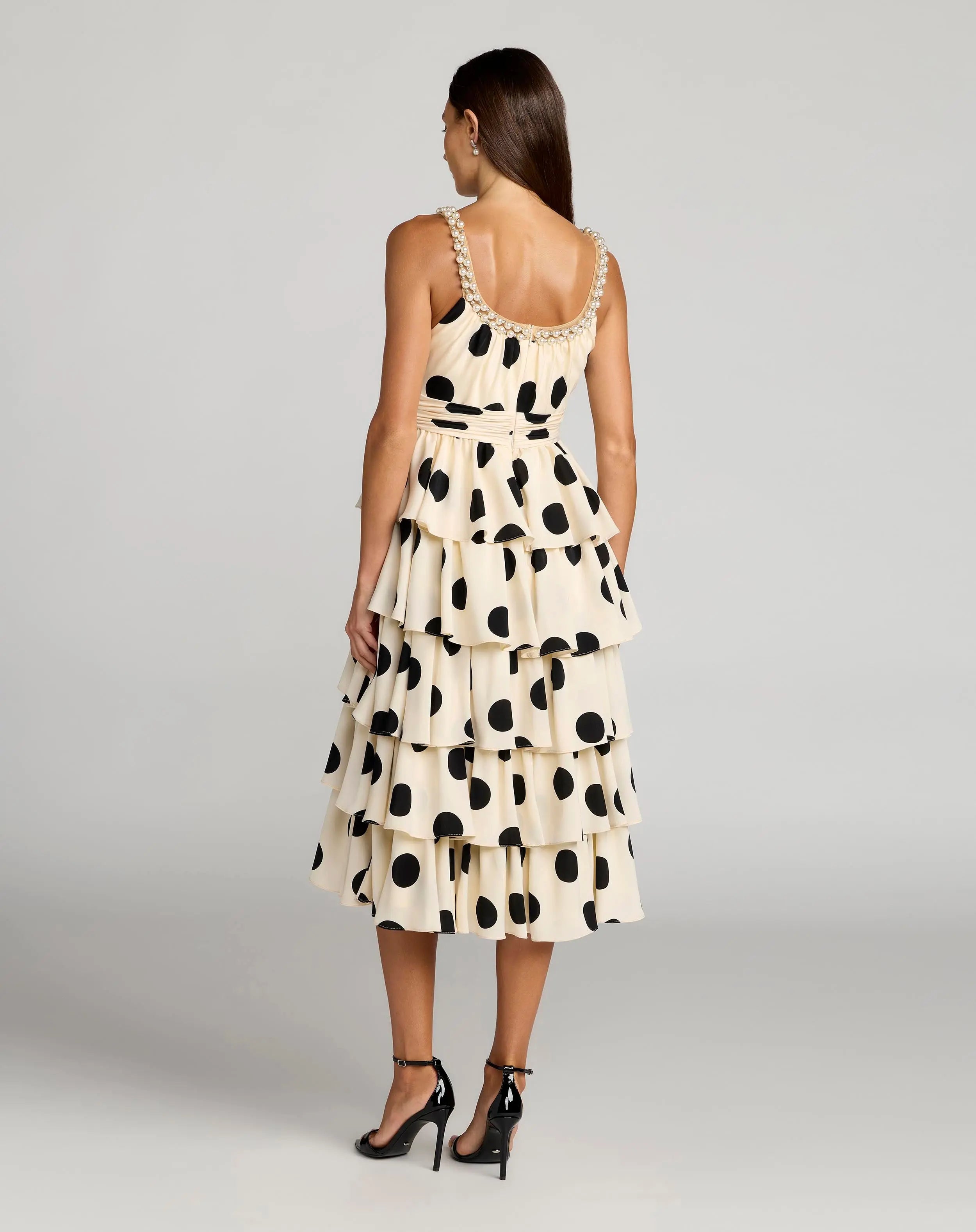 Beige Polka Dot Pearl Trim Ruffle Midi Dress-Myartka