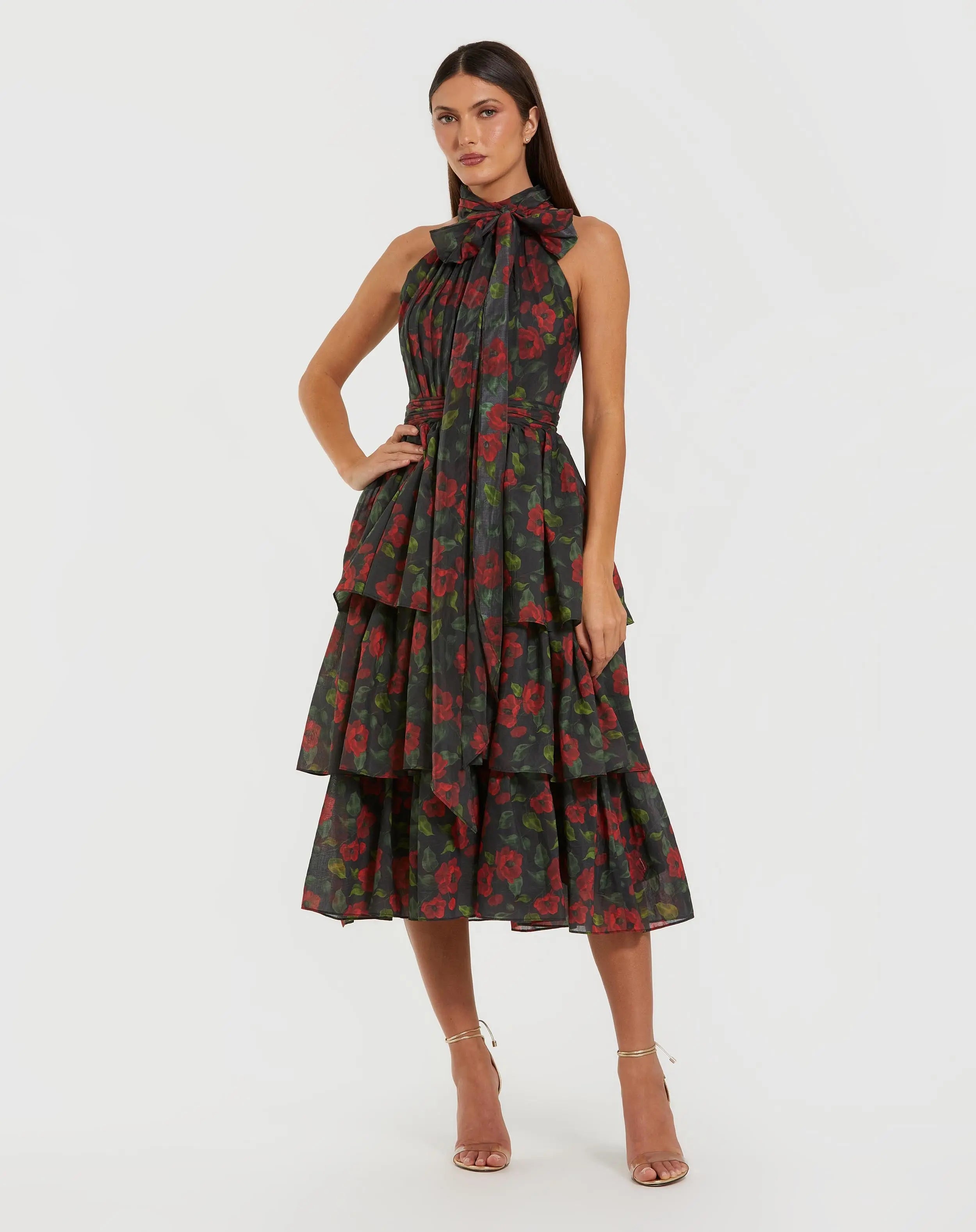 Black Floral Chiffon Tiered Midi Dress with Neck Bow-Myartka