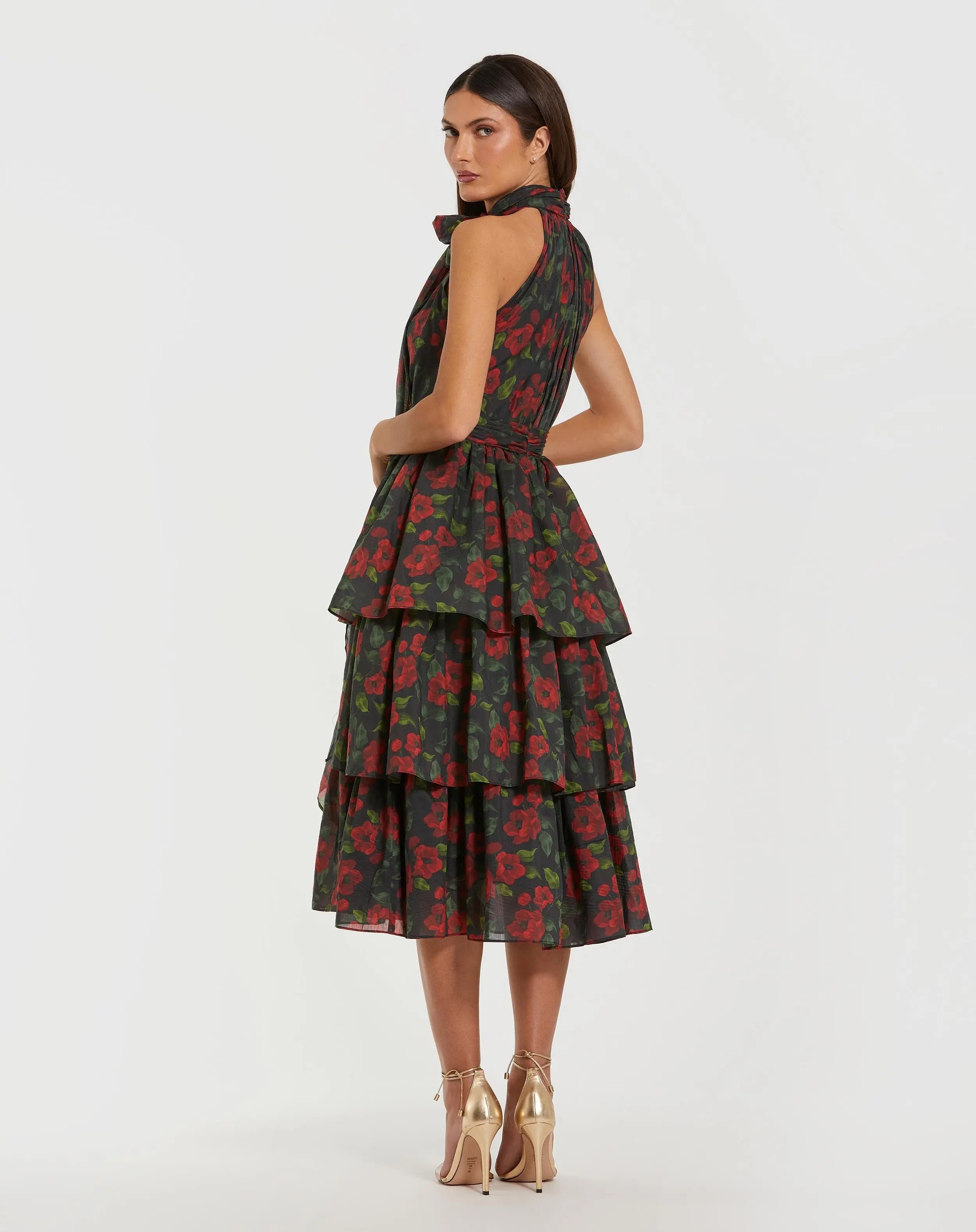 Black Floral Chiffon Tiered Midi Dress with Neck Bow-Myartka