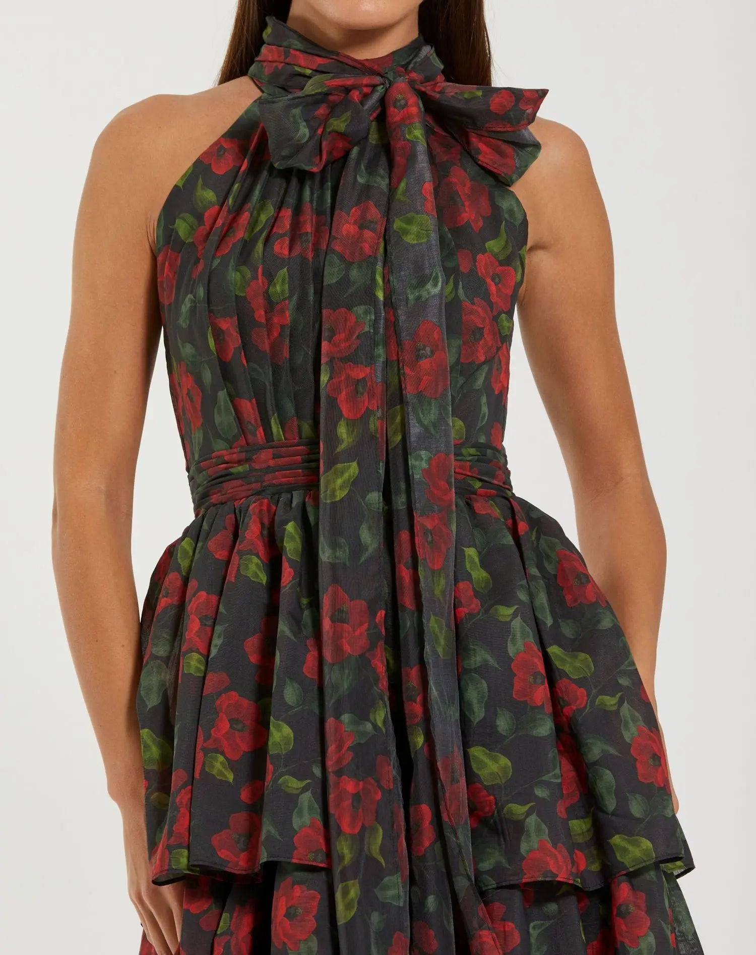 Black Floral Chiffon Tiered Midi Dress with Neck Bow-Myartka