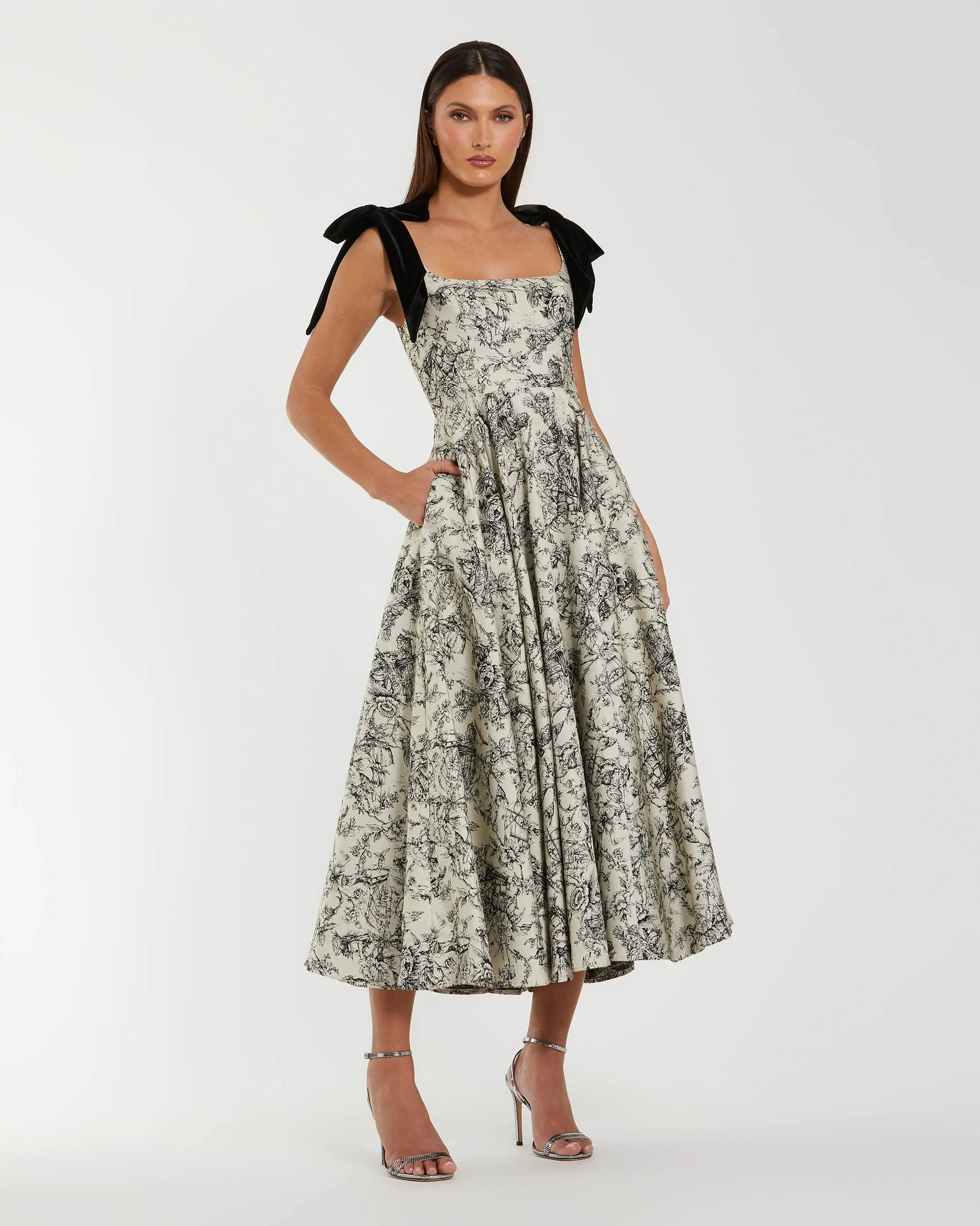 Black Ivory Brocade A Line Midi Dress With Bow Straps-Myartka