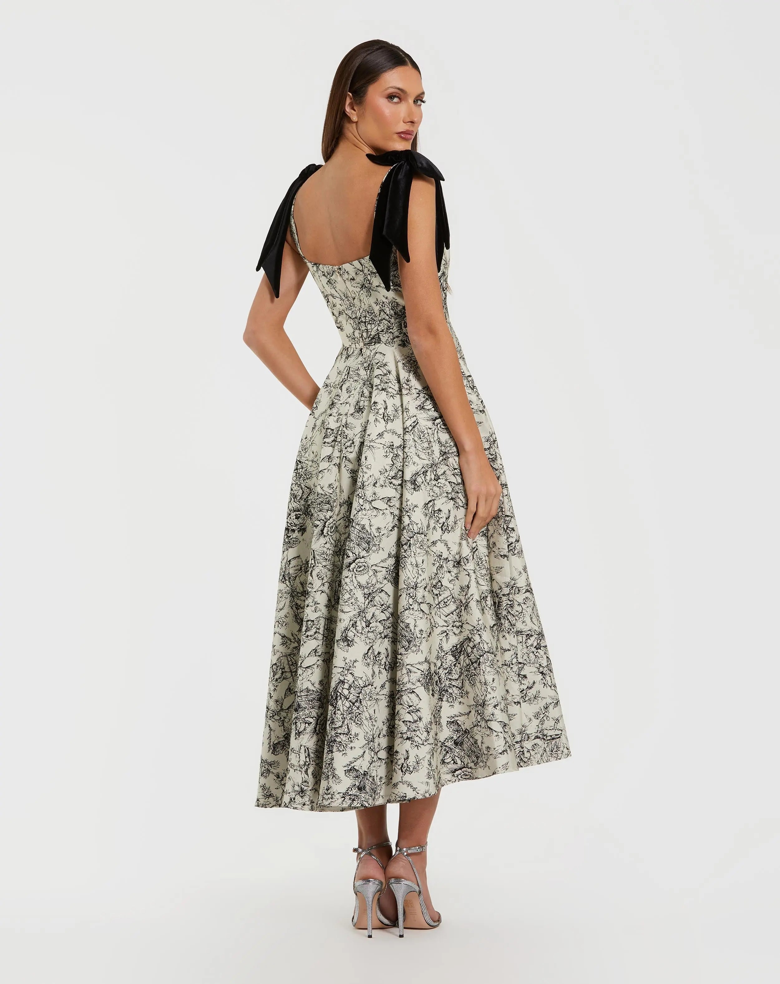 Black Ivory Brocade A Line Midi Dress With Bow Straps-Myartka