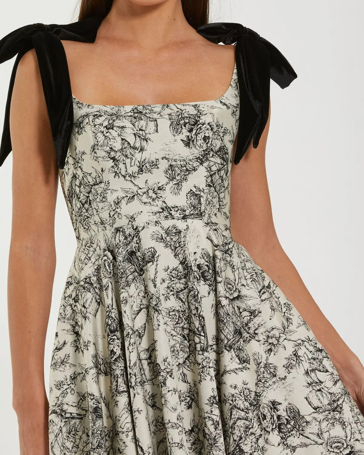 Black Ivory Brocade A Line Midi Dress With Bow Straps-Myartka