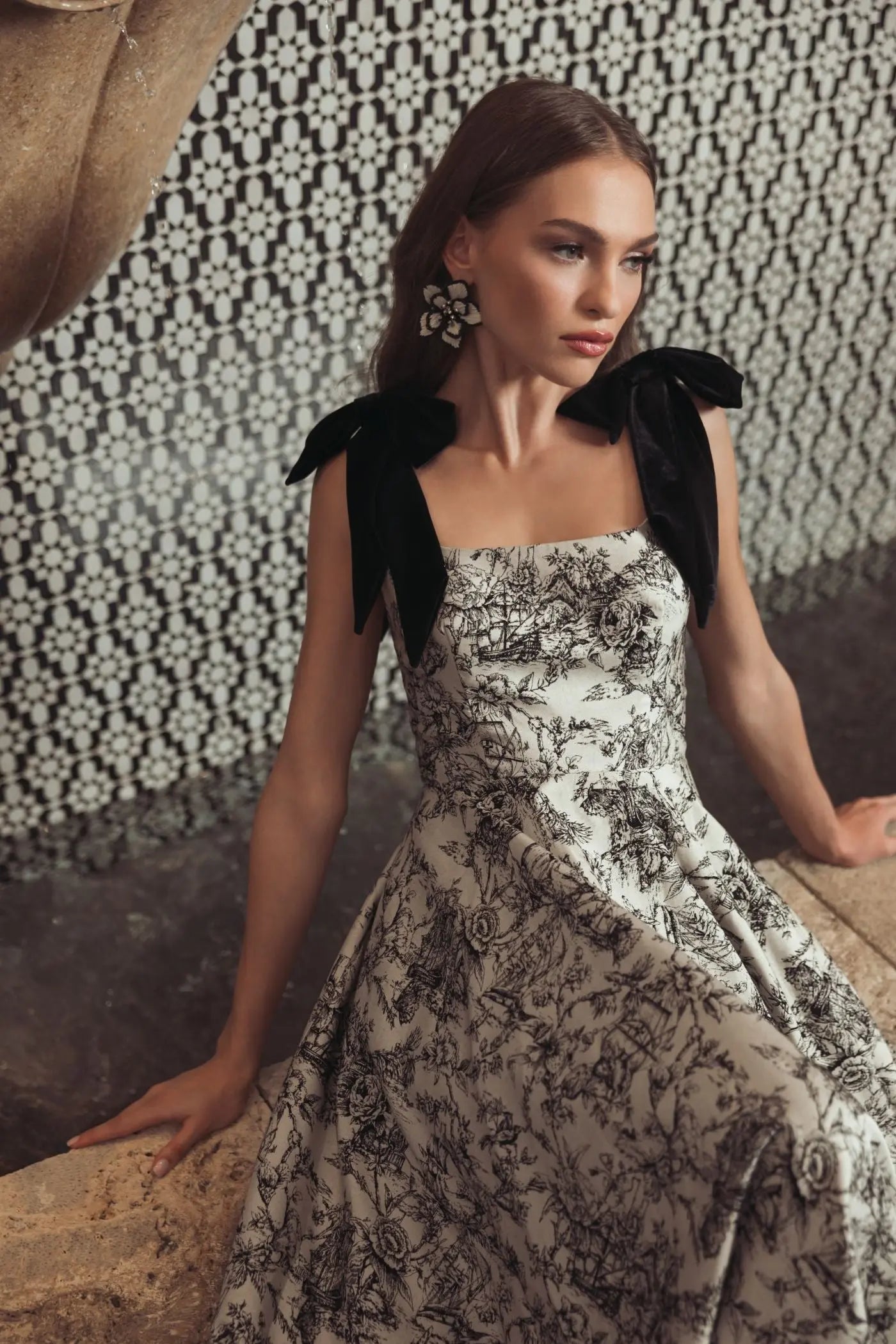 Black Ivory Brocade A Line Midi Dress With Bow Straps-Myartka