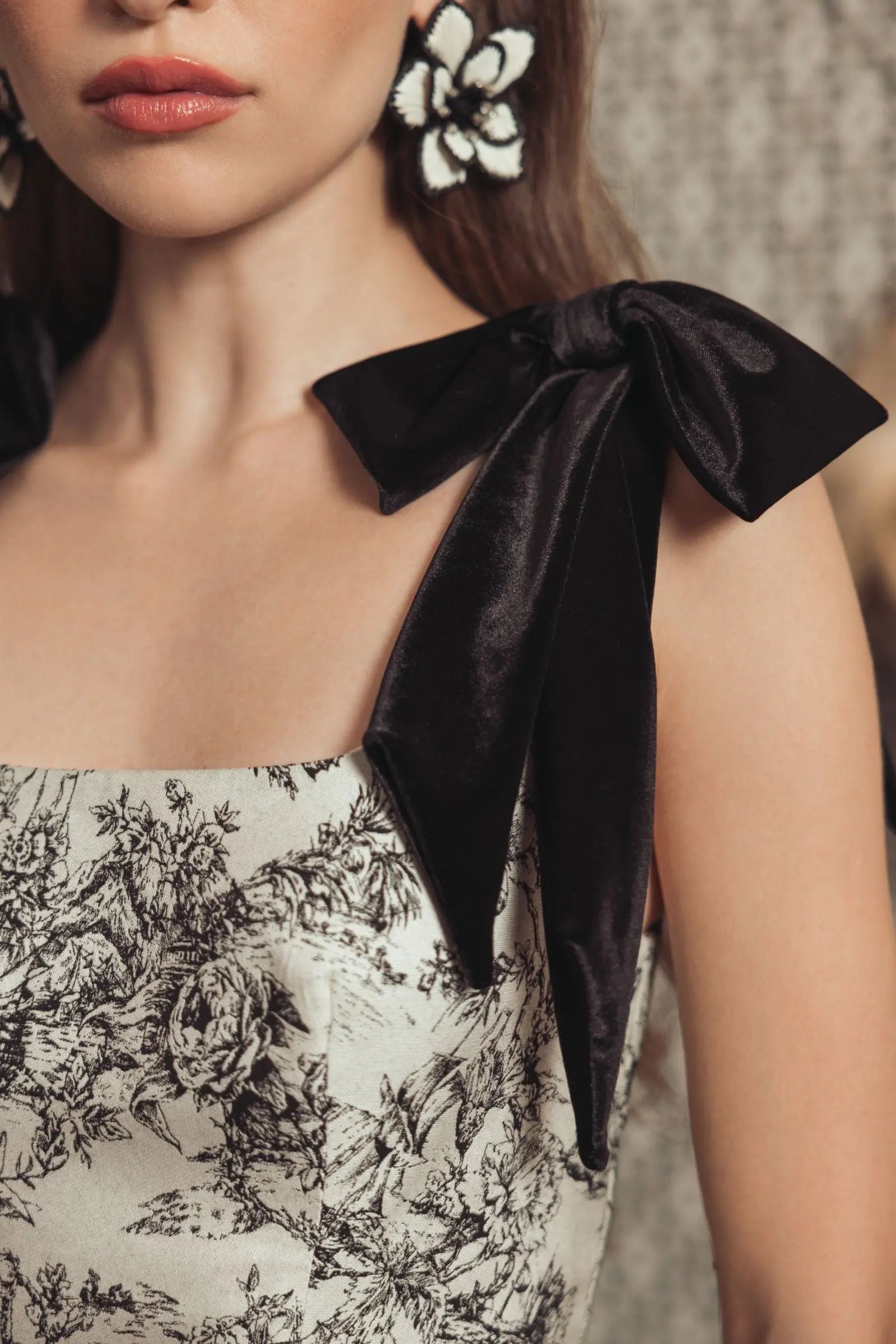 Black Ivory Brocade A Line Midi Dress With Bow Straps-Myartka