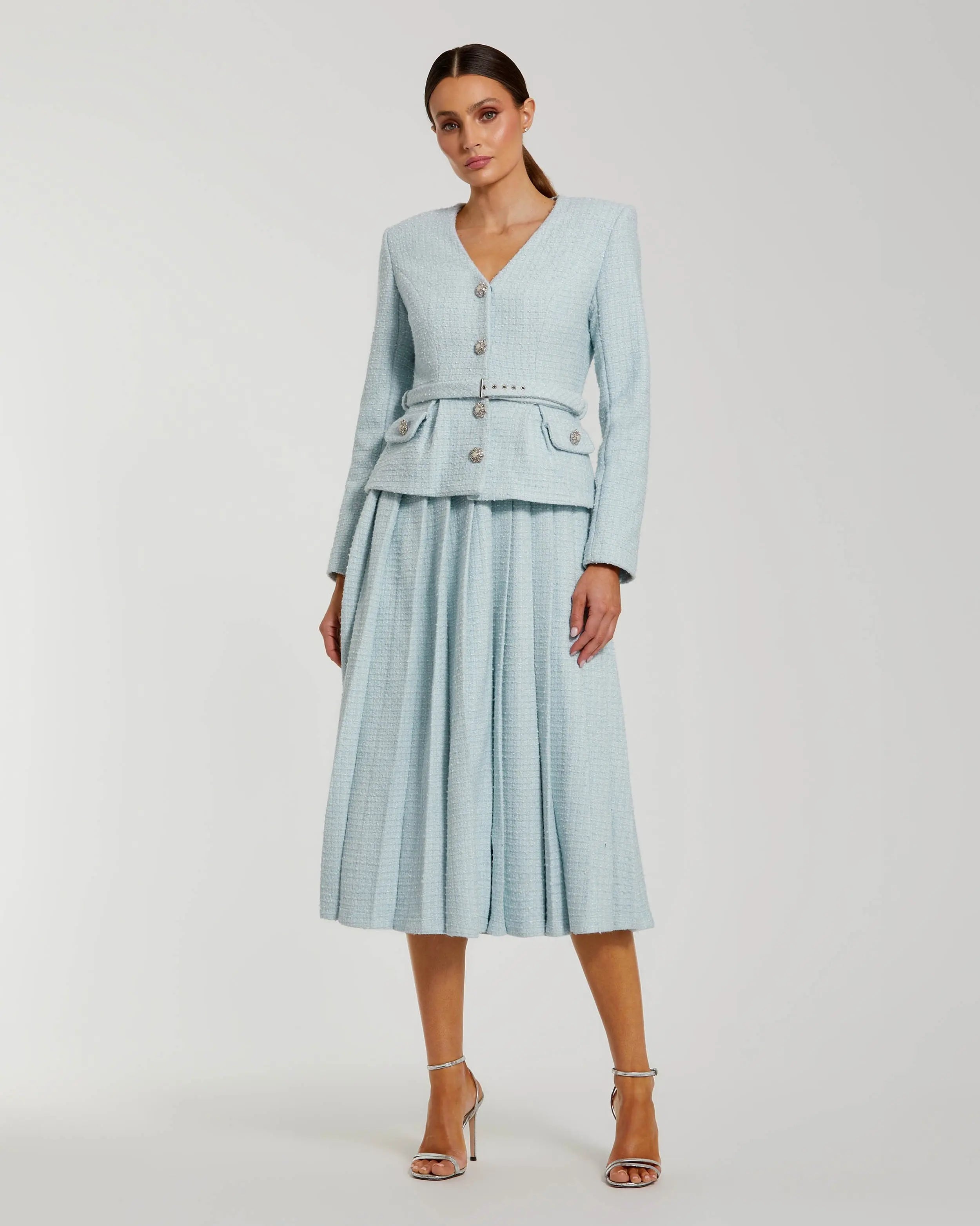 Blue Boucle Long Sleeve V Neck Midi Dress With Buttons-Myartka