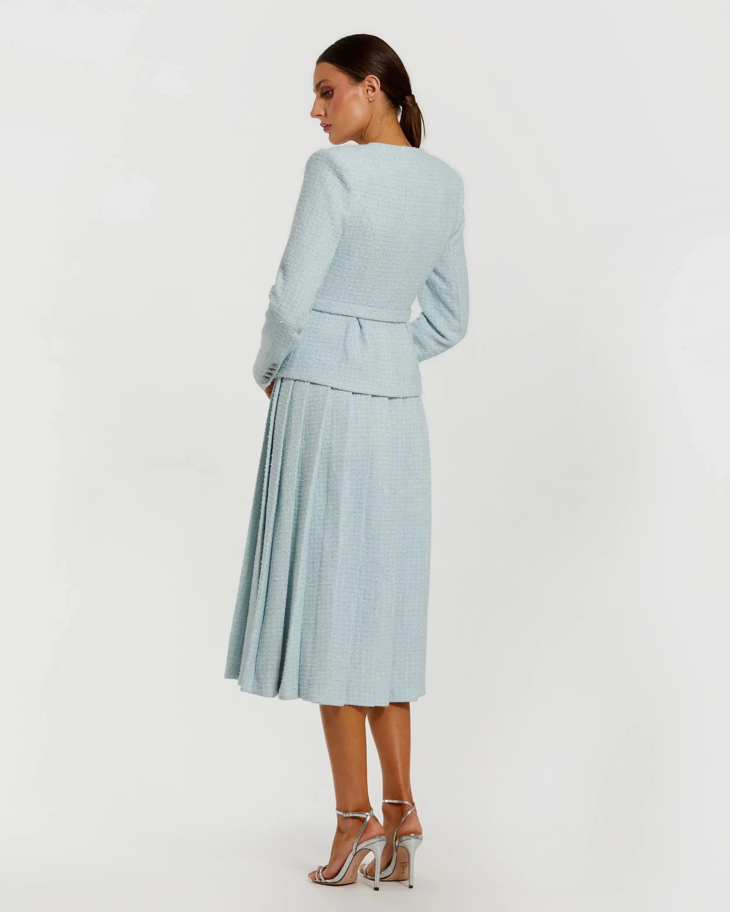 Blue Boucle Long Sleeve V Neck Midi Dress With Buttons-Myartka