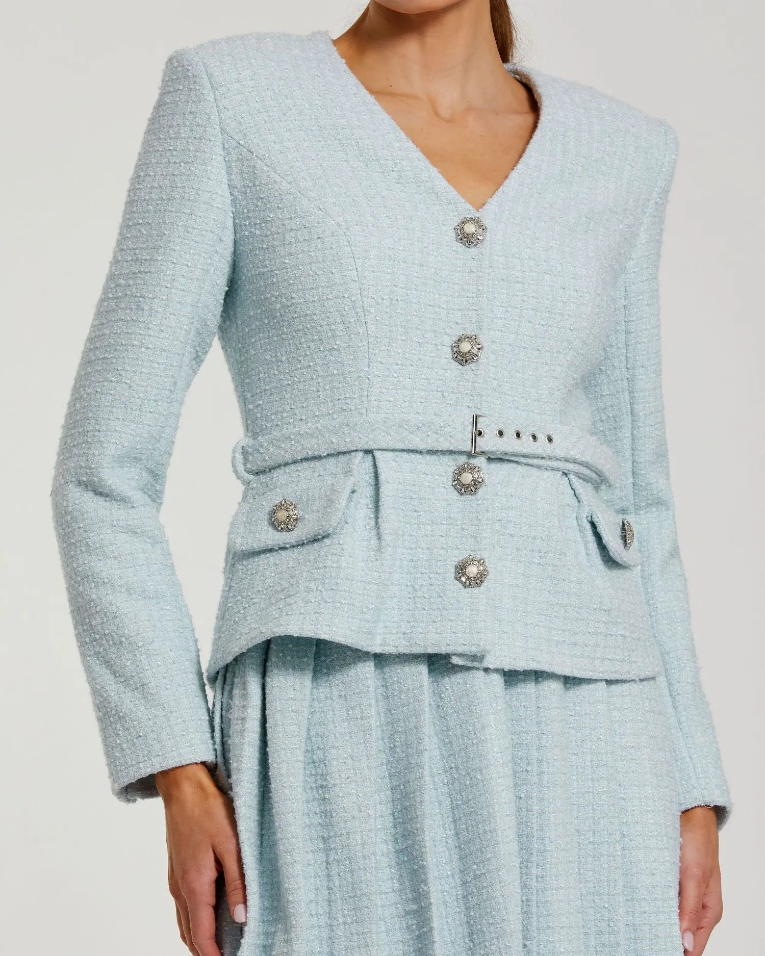 Blue Boucle Long Sleeve V Neck Midi Dress With Buttons-Myartka